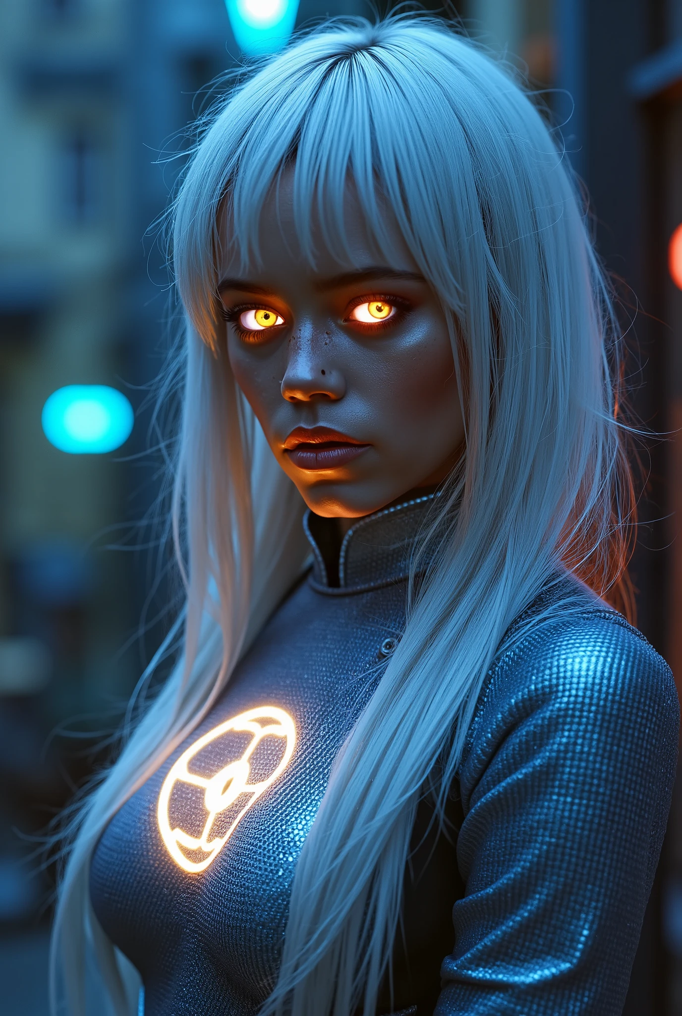 photorealistic, 1girl, solo, (j3nnaort3ga), (Facing Viewer), Nude, half body, close-up, (perfect eyes), (symmetrical eyes), (beautiful eyes), (detailed eyes), (glowing woman), metallic silver skin, (silver hair) with (ethereal light) reflecting off strands, (dark background) with (intense light) creating a (surreal atmosphere), digital art style, (dramatic lighting) with (detailed textures), ultra-high resolution, (photorealism:1.2), (Brunette woman) with a (perfect body), wearing a (DC Comics fluo Captain Atom suit), the iconic (atom symbol) prominently displayed on her chest, in full space, (receiving power rays) that illuminate her surroundings, (realistic dress) with intricate details on the suit, (physical matters) such as the texture of the metal and the glow of the power rays, (color grade) of the image with a mix of neon and metallic tones, (ultra-realistic textures) on the suit and skin, (dynamic pose) with subtle motion blur, background elements include a (gritty cyberpunk cityscape) with neon lights and rain effects, (cinematic lighting) with (high contrast) between light and shadow, (jewelry) such as a (necklace) and (earrings) with (detailed textures), (parted lips) and (wavy hair) adding to the realism, (nature) elements like a faint glow of flora in the background, ultra-high definition, absurdres style, masterpiece quality, award-winning photography, every element interacts with physics for a lifelike feel, as if captured by a high-speed camera in a real-world environment, intricate details in the cyberpunk environment and the character's attire, dynamic and realistic lighting with reflections and refractions, ultra-realistic textures and patterns on the suit and accessories.
