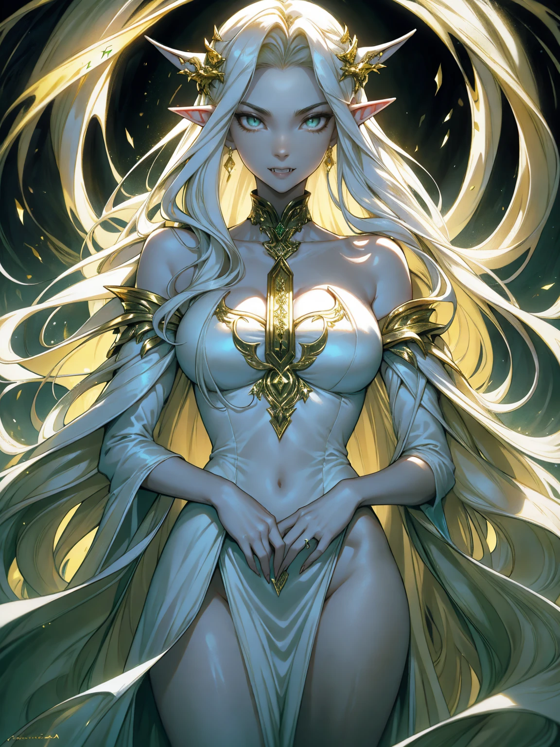 {-erro_de_anatomia:1.0} elf, she has very long hair, flowing white hair (waves) and pale, almost ethereal skin. Her eyes are a deep yellow, giving her an otherworldly appearance. She dresses in flowing robes of dark golden and green, often adorned with symbols of the occultism, sexy,