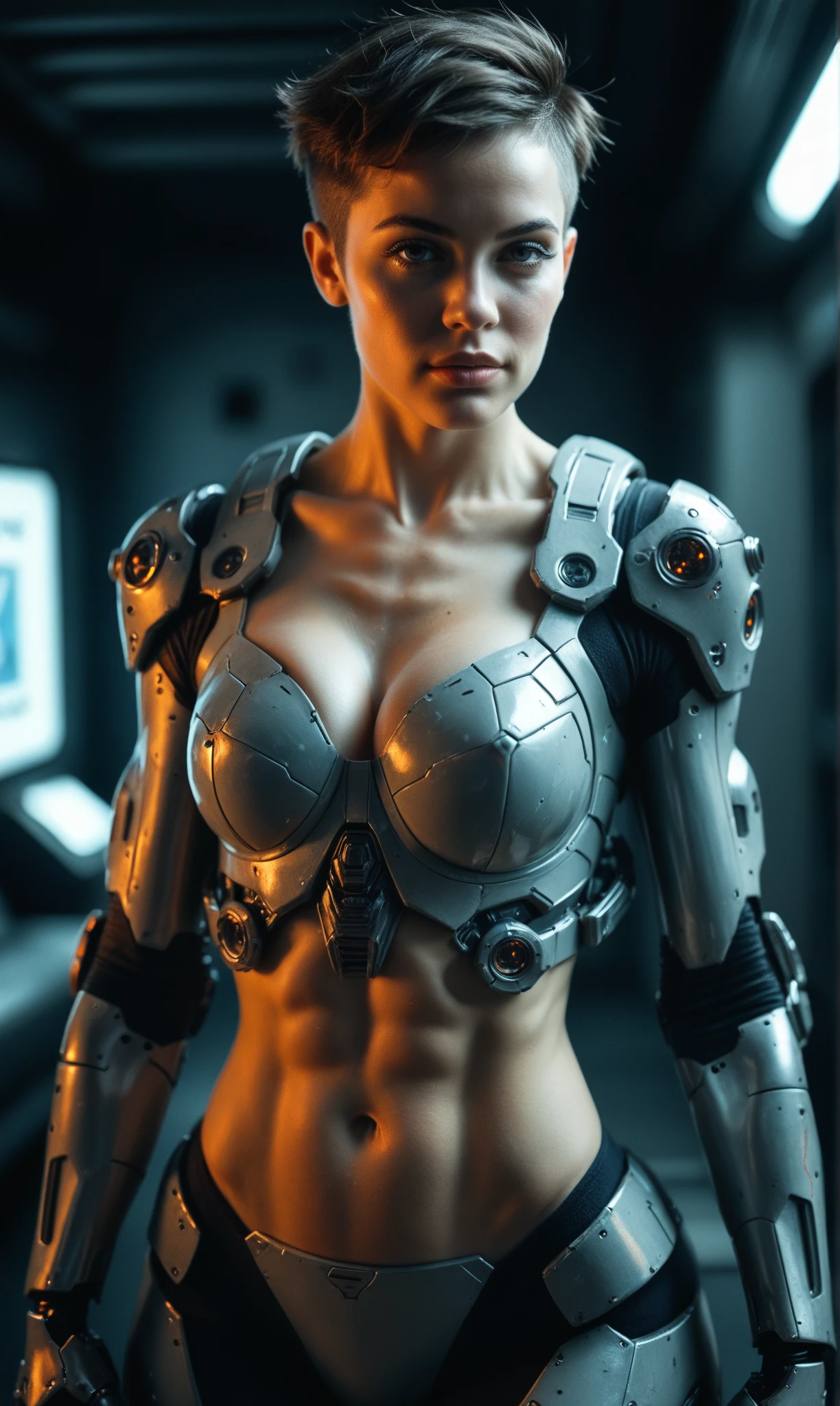 (Muscular:1.6), (thick thighs:1.5), (chisled abs:1.5), (large muscular chest and shoulders:1.4), FEMALE, brown hair, long brown hair, (big smile:0), (wearing a skin-tight mecha cyborg cute bodysuit:1.5), looking at viewer, (three quarter view:1.2), upper body view, (laboratory:1.5), dark lighting, clean skin, detailed eyes, (dark skin:1.4), (very thin waist:1.3), (huge round muscles:1.5),