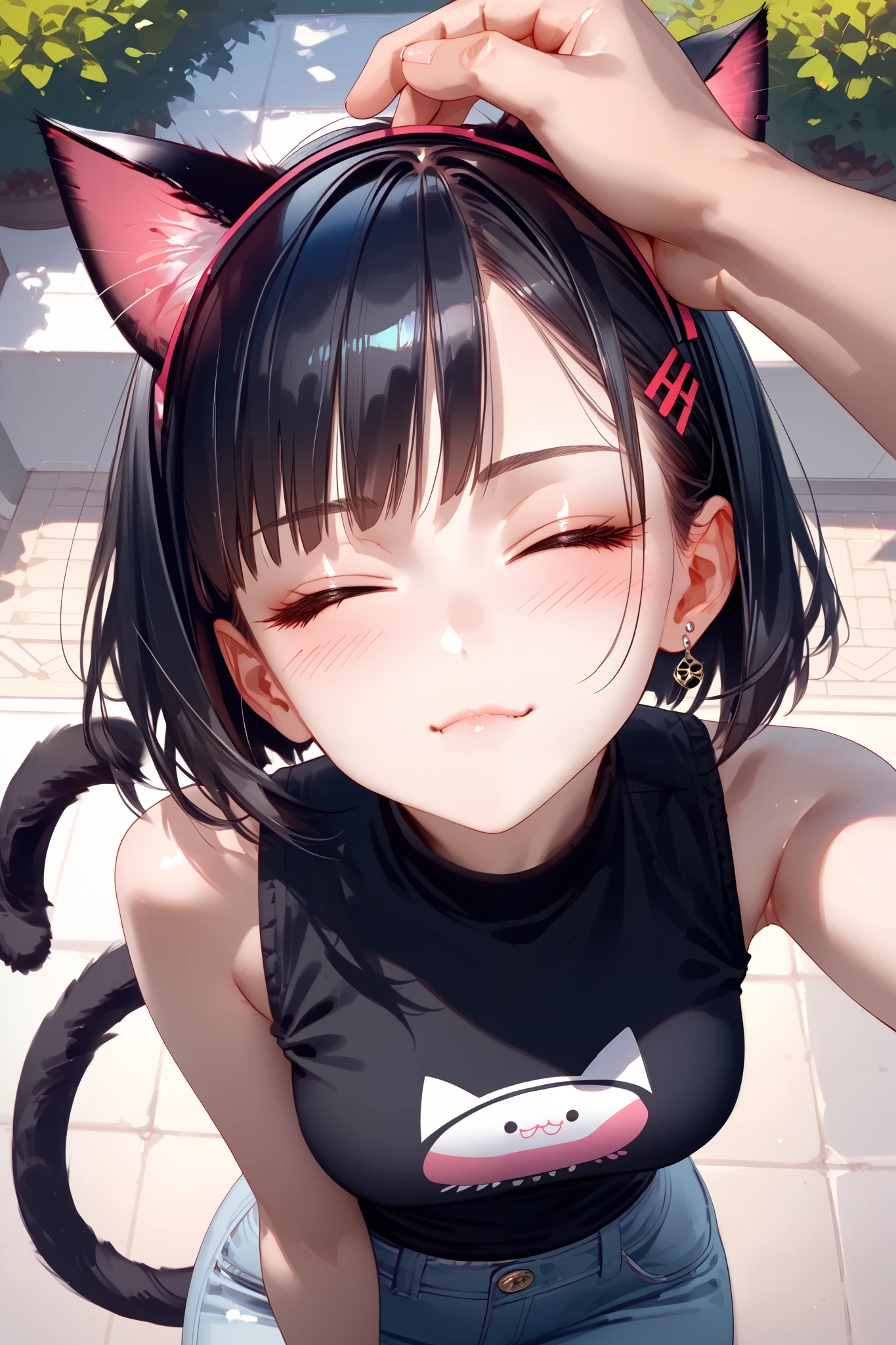 (masterpiece, best quality), (score_9,score_8_up,score_7_up), (highly-detailed), RAR, 
solo, (young woman, 21 years old), (short stylish black hair), (closed eyes), (nice body, curvaceous, fit), cute face, (cat ears, cat tail), 
black sleeveless shirt, joyful, [cute feline fang], playful, blush, (mouth closed:1.5), (purring intensely), (floating hears), 
outdoors, nice park, beautiful day, focus on face, (high angle), (pov view, 1male_hand petting her chin:1.3), 