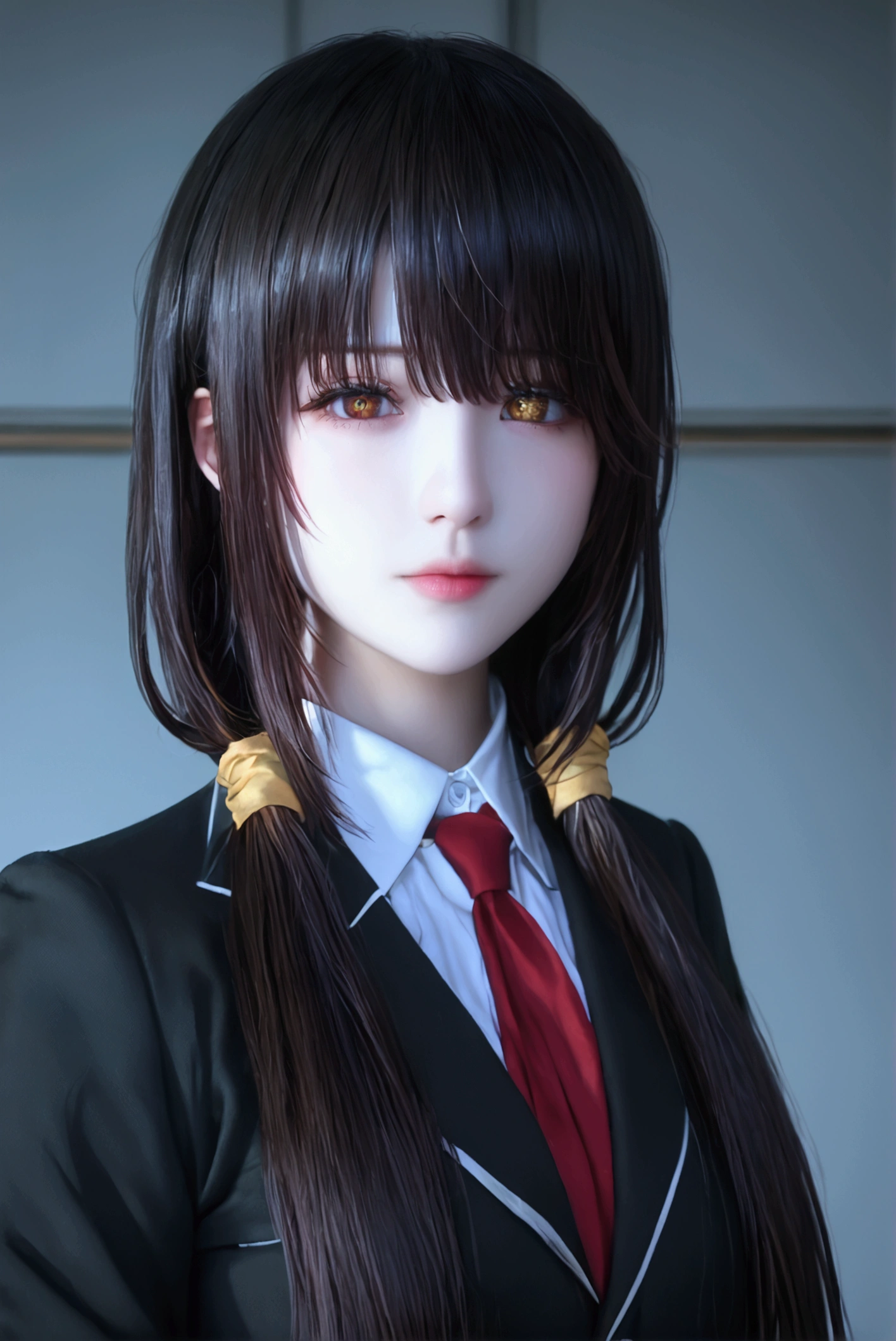 bmasterpiece、top-quality、hight resolution)、 Real life adaption for this character, Masterpiece, high quality, best lighting, cinematic, 1girl, tokisaki kurumi, black hair, low twintails, ((right eye red, left eye yellow)), (school uniform), (perfect body), (((big thigh))), looking at viewer, standing, outdoors