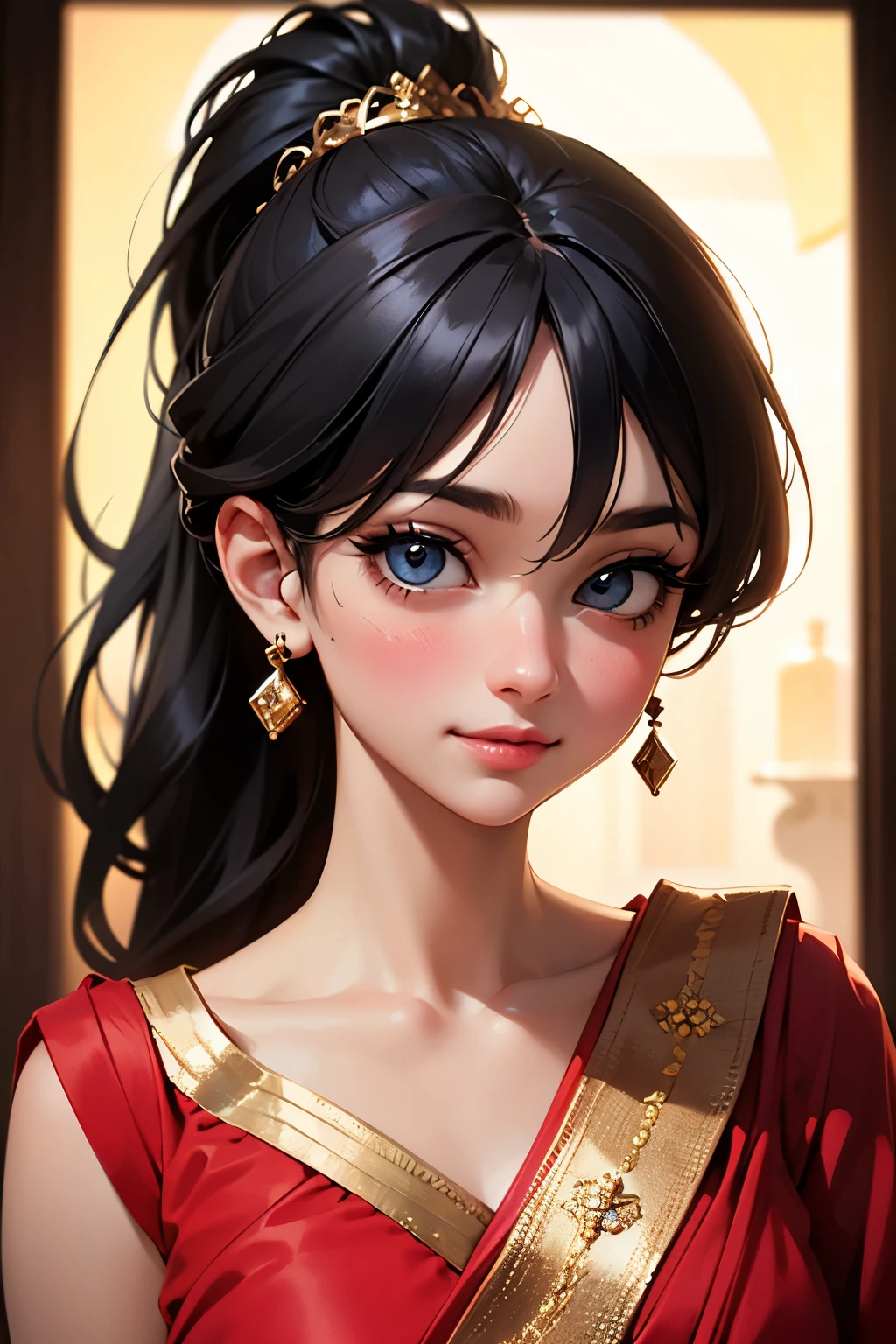 beautiful detailed eyes, beautiful detailed lips, extremely detailed eyes and face, longeyelashes, 1 woman, detailed black hair, long jhumka earrings, red lips, perfect body, big breasts, wearing saree, cleavage, flawless makeup, elegant, intricate details, cinematic lighting, vibrant colors, warm color palette, chiaroscuro lighting, (best quality,4k,8k,highres,masterpiece:1.2),ultra-detailed,(realistic,photorealistic,photo-realistic:1.37)