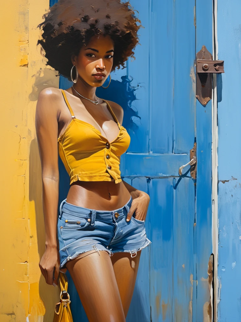 Very authentic painting by (Fabian Perez:1.3) , (Henry Asencio:1.2), (Alessandro Barbucci:1.1)  , [A young Black woman with a large afro stands confidently outdoors, wearing a mustard yellow tube top, (very deep unbuttoned denim shorts:1.3), visible female genital hair and a silver chain belt. She carries a brown tote bag. A retro-style sign is prominently featured in the background. The mood is one of stylish self-assurance and carefree summer vibes.], [fashion photography, in a style that blends vintage aesthetics with contemporary streetwear], [no specific photographer reference, but evokes the style of contemporary fashion photographers who capture street style and effortless cool], [The lighting is bright and sunny, creating a warm and inviting atmosphere. The color palette is vibrant, with the yellow top and blue denim standing out against the clear blue sky. The background features a retro-style sign and a simple building, adding context to the scene. The style is candid and unposed, creating a sense of naturalness and authenticity. The texture is smooth, with the focus on the clean lines of the clothing and the woman's hair.]. on dark background, light leaks, The painting is done with loose brushstrokes and vibrant rich imperial colors. The overall mood of the painting is provocative, sensual and intimate, confident posture