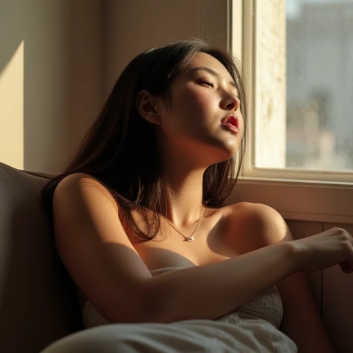 Open your mouth slightly, Sunlight coming in from the window,  woman lying down ,  thin necklace 