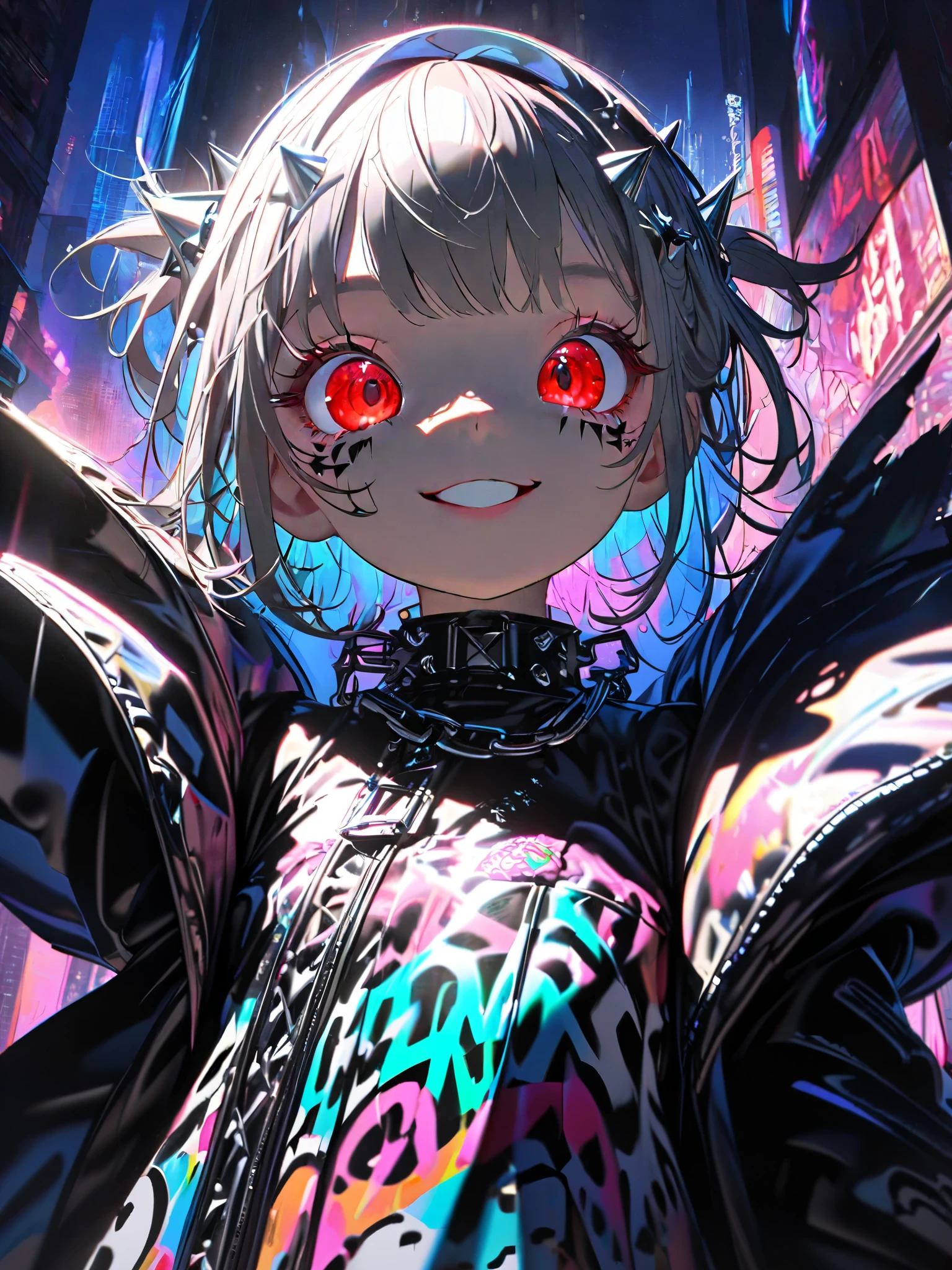 Anime girl with red eyes and a black jacket in a city - SeaArt AI