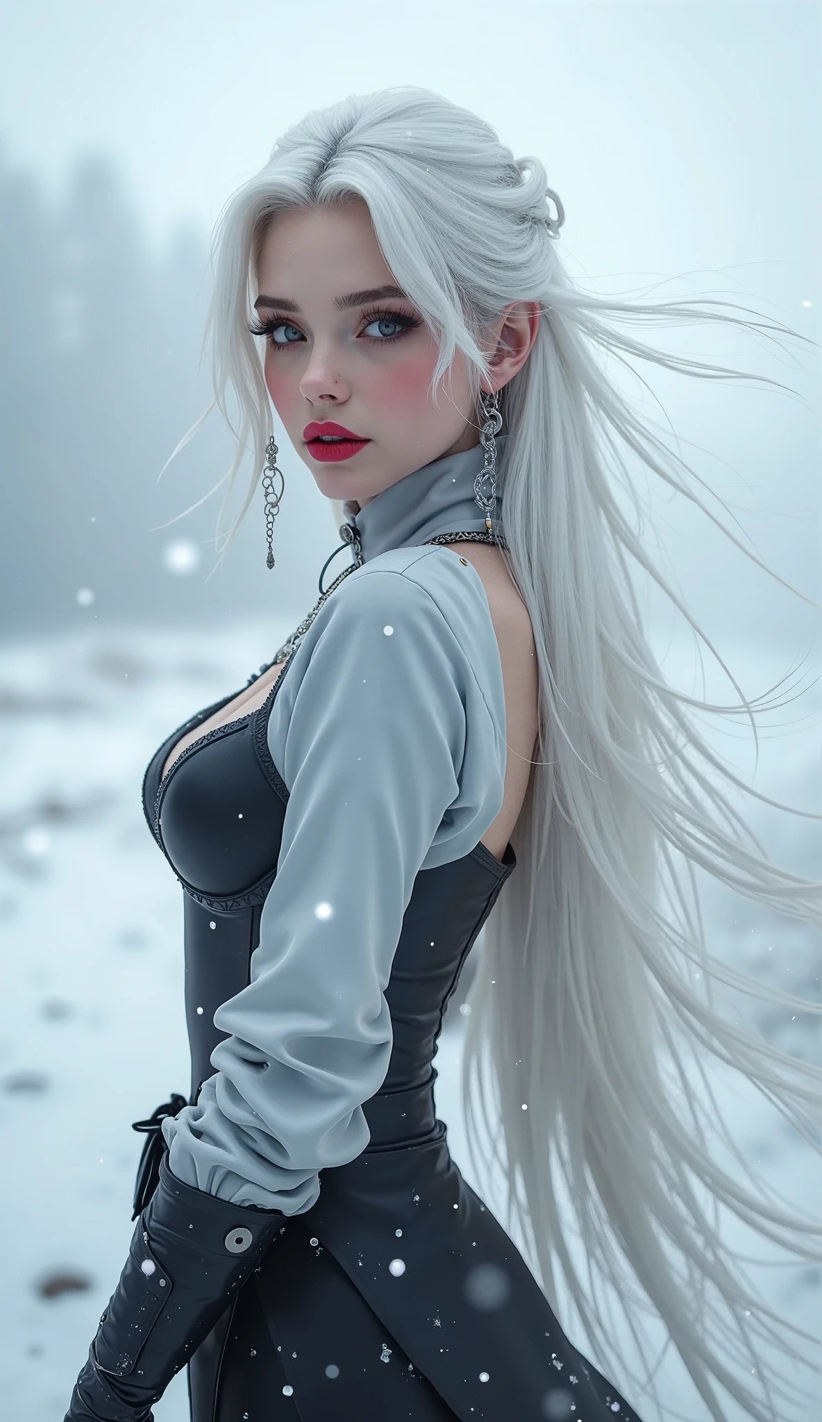 Blond woman with long white hair in a black dress in the snow - SeaArt AI