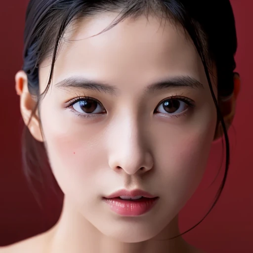 (masterpiece, best quality, perfect anatomy, highres, 8k, realistic, photorealistic, natural skin texture:1.2), 1girl, solo, Japanese, age20, erogao, parted lips, Close eyelids and pout lips, face closeup, from front, nude, spot lighting, red background