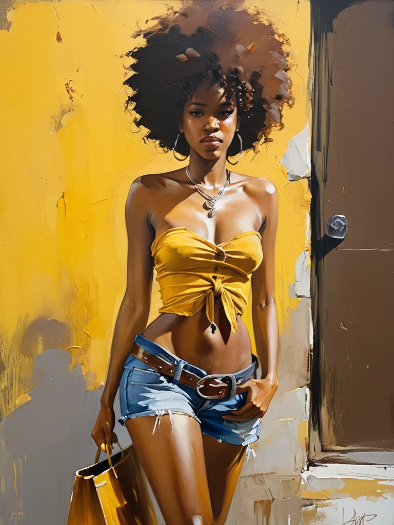 Very authentic painting by (Fabian Perez:1.3) , (Henry Asencio:1.2), (Alessandro Barbucci:1.1)  , [A young Black woman with a large afro stands confidently outdoors, wearing a mustard yellow tube top, ( unbuttoned:1.3) denim shorts, (visible female genital hair:1.3) and a silver chain belt. She carries a brown tote bag. A retro-style sign is prominently featured in the background.  [The lighting is bright and sunny, creating a warm and inviting atmosphere. . on dark background, light leaks, The painting is done with loose brushstrokes and vibrant rich imperial colors. The overall mood of the painting is provocative, sensual and intimate, confident posture