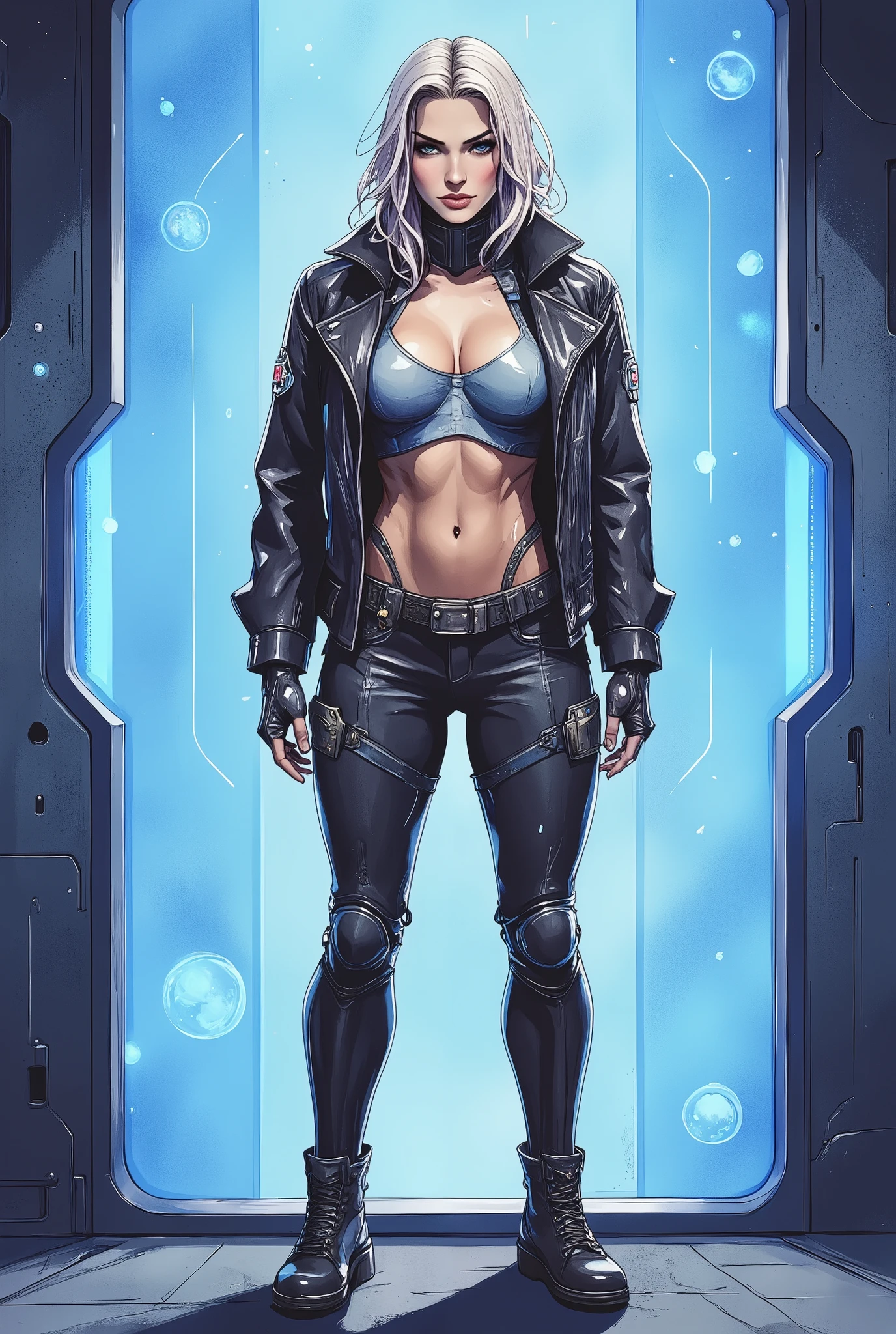 (masterpiece:1.2),( best quality),( super detailed),(  super high definition ),(  best illustration),8k, wallpaper,  Beautiful Female Cyborg,whole body,Vector art,Layered Textures  ,progressive,SF,  cyberpunk  ,jeans,Police jacket , boots,( The background is a blue hologram with a large blue grid pattern),(Neon colored planetary groups in the background:2.0),(Serious:2.0), super sexy 