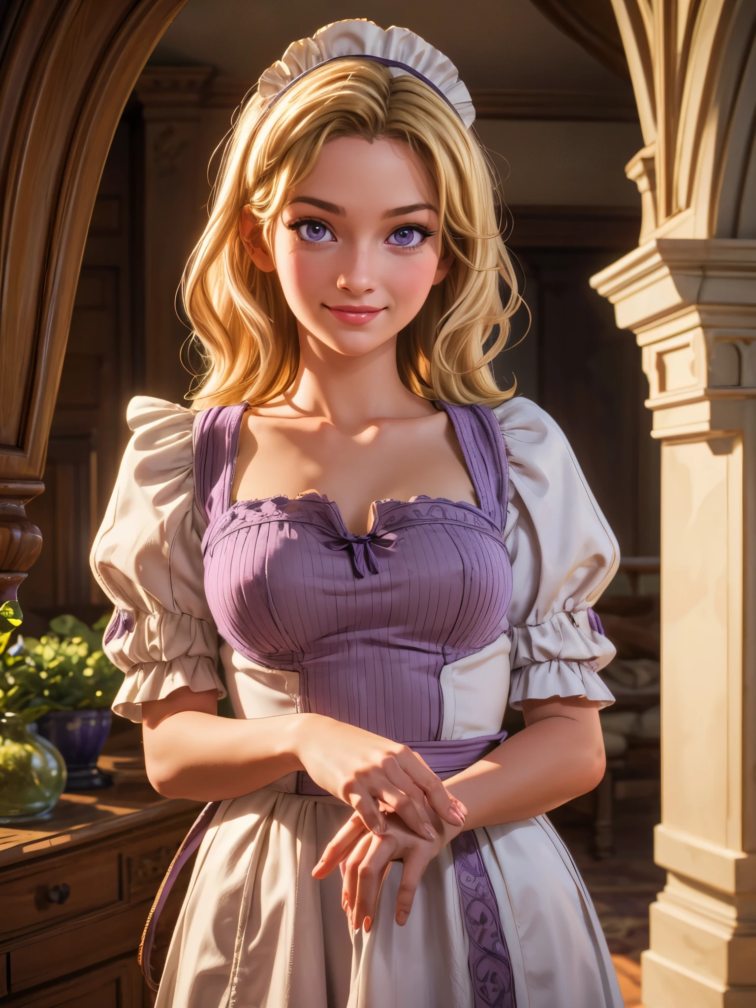 a beautiful young maid with blonde hair and purple eyes, smiling, detailed facial features, intricate maid outfit, elegant and beautiful, in a warm and cozy interior, natural lighting, highly detailed, 8k, photorealistic, realistic lighting, vibrant colors, soft focus, masterpiece