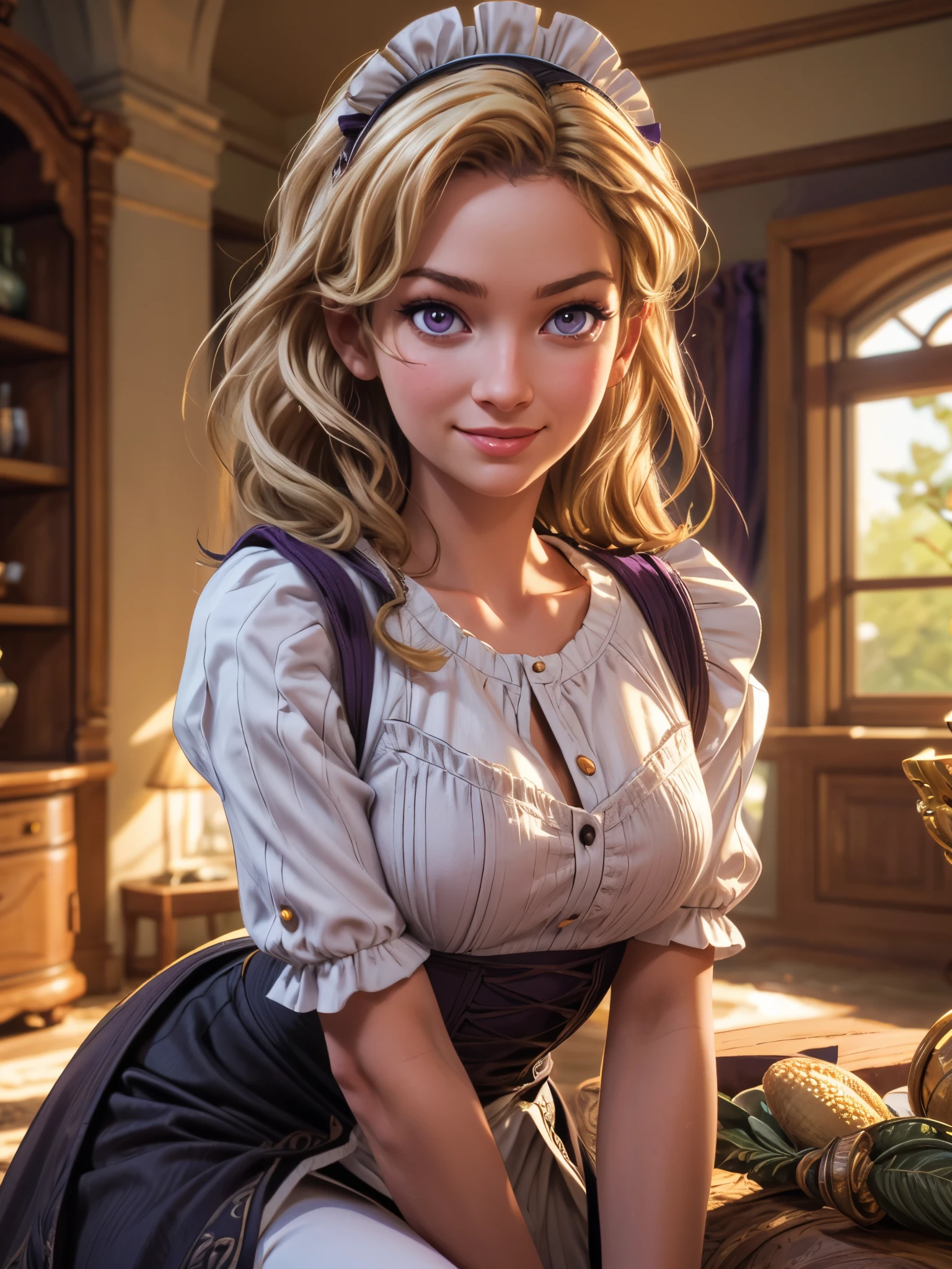 a beautiful young maid with blonde hair and purple eyes, smiling, detailed facial features, intricate maid outfit, elegant and beautiful, in a warm and cozy interior, natural lighting, highly detailed, 8k, photorealistic, realistic lighting, vibrant colors, soft focus, masterpiece