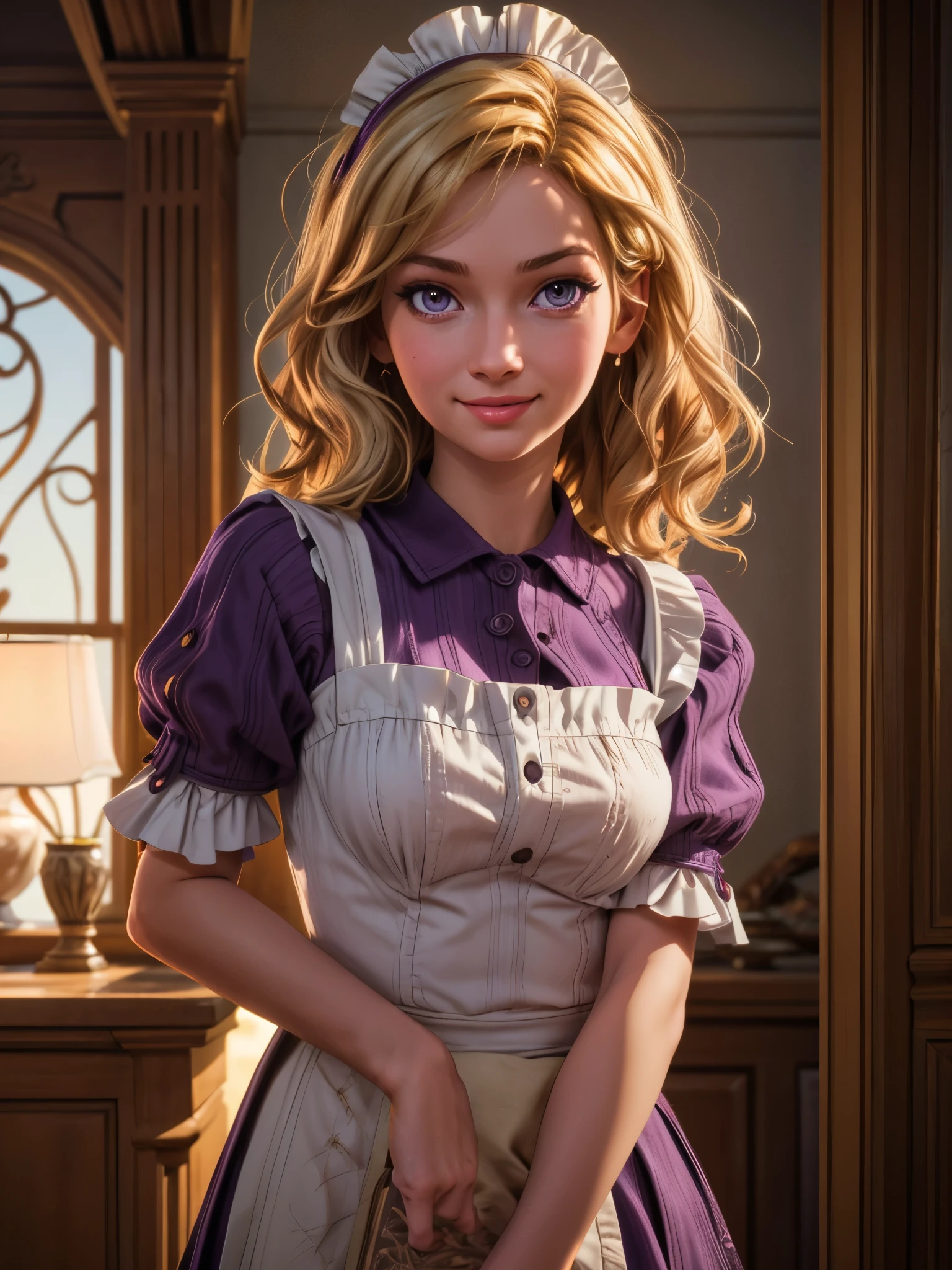 a beautiful young maid with blonde hair and purple eyes, smiling, detailed facial features, intricate maid outfit, elegant and beautiful, in a warm and cozy interior, natural lighting, highly detailed, 8k, photorealistic, realistic lighting, vibrant colors, soft focus, masterpiece