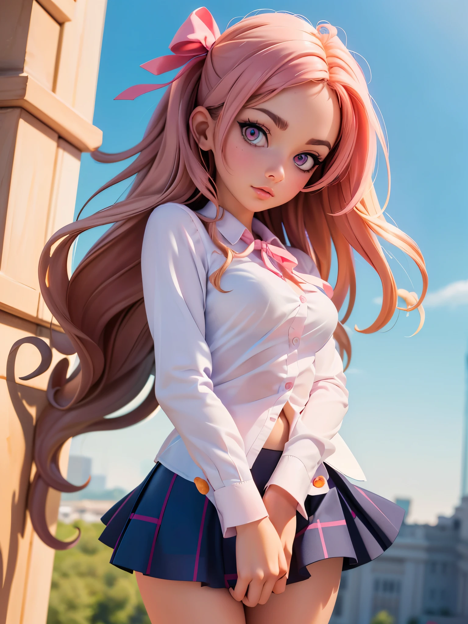 (detailed beautiful eyes and detailed face, masterpiece side light, masterpiece, best quality, detailed, high resolution illustration), (1 girl, beautiful girl, shiny skin, looking down, looking at viewer), ( Sky blue long hair, pink eyes, skirt, ribbon, button-down shirt) 45 degrees, top view,  sideways, (hand detail)