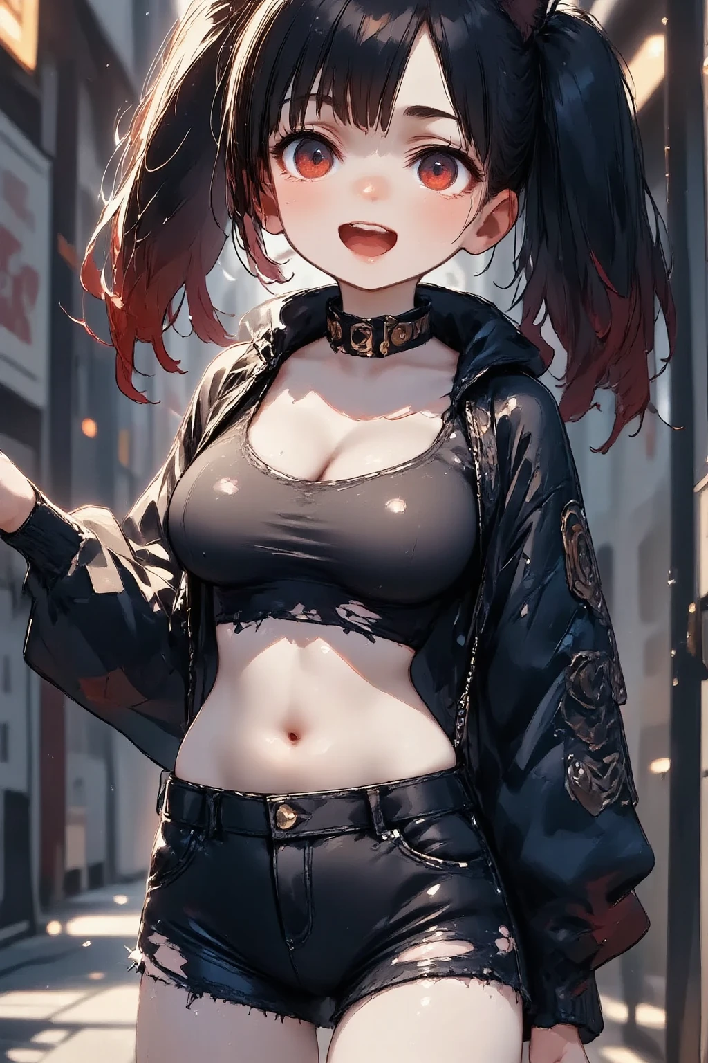 1girl\(cute,kawaii, charming, fascinating, bewitching, evil smile, big smirk, fang, black hair,naughty smile, long hair, twin tails hair, pale skin, white skin, red eyes, eyes shining, big eyes, big breast, perky breast, punk fashion, ripped clothes, tight tube top, tight hot pants, stomach shown, ripped black short jacket, fluffy black cat-ear, spiral eyes, bang, hands in pocket\), background\(outside, noisy city, backstreet, narrow street, neon lights, at midnight\),3d render, portraits, bust-up shot, from above, niji style, slight abdominal muscles,very close up of face,,zoom up girl, great focus, great bokeh,dynamic camera angle,punk rock fashion