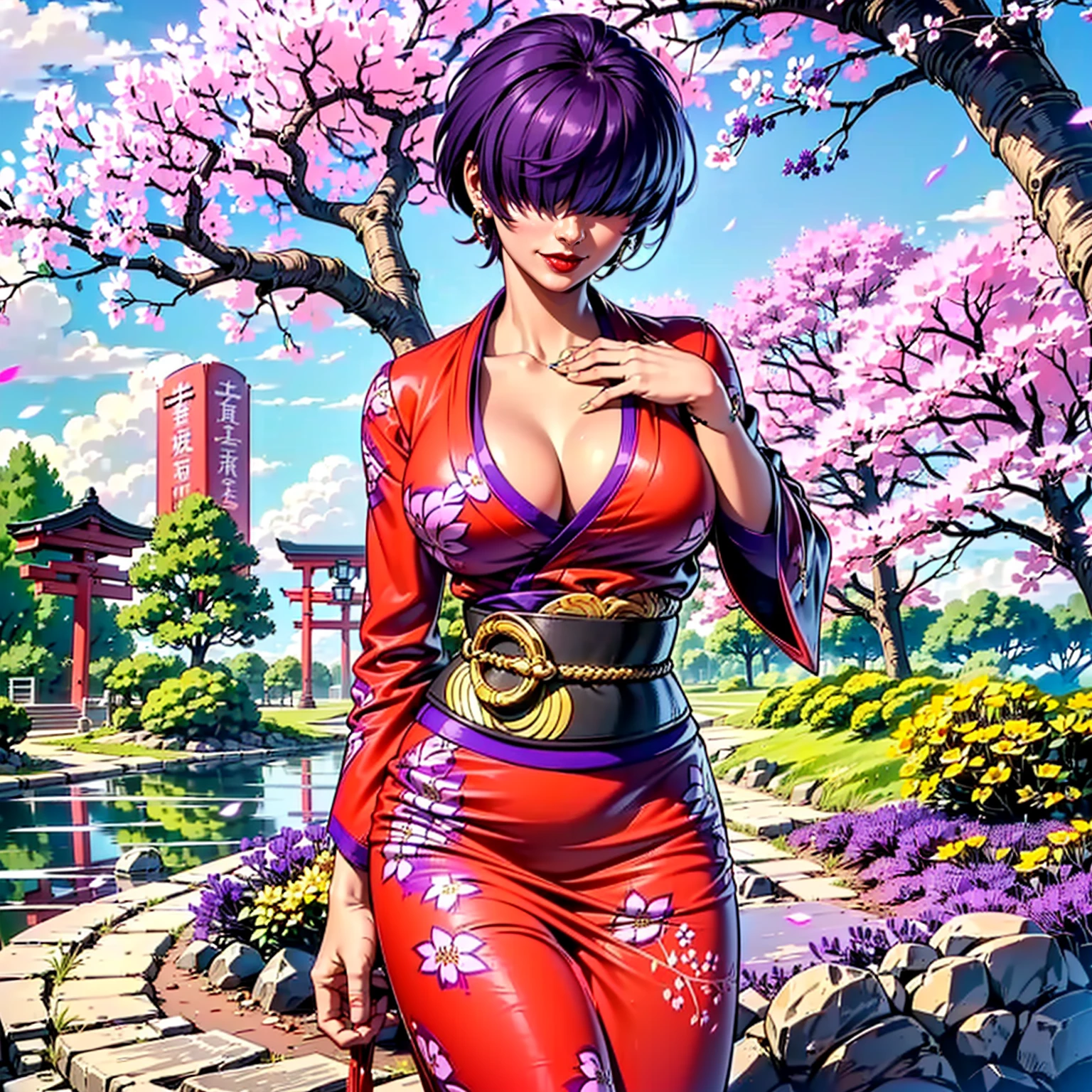 ((shiny eyes, 1girl, milf, standing, sexy pose, ((Orochi_Shermie, purple hair, short hair, hair bangs, hair over the eyes)), perfect face, sharp focus, professional artwork, intricate details)), ((fitness,, shapely body, athletic body, toned body)), ((red suit, red suit, red blazer, red skirt, dress shirt, black tights, lace tights, necklace, earrings, bracelets, office, executive room, Persian rug, desk, rolling chair, window, city, clouds, smug, red lipstick))