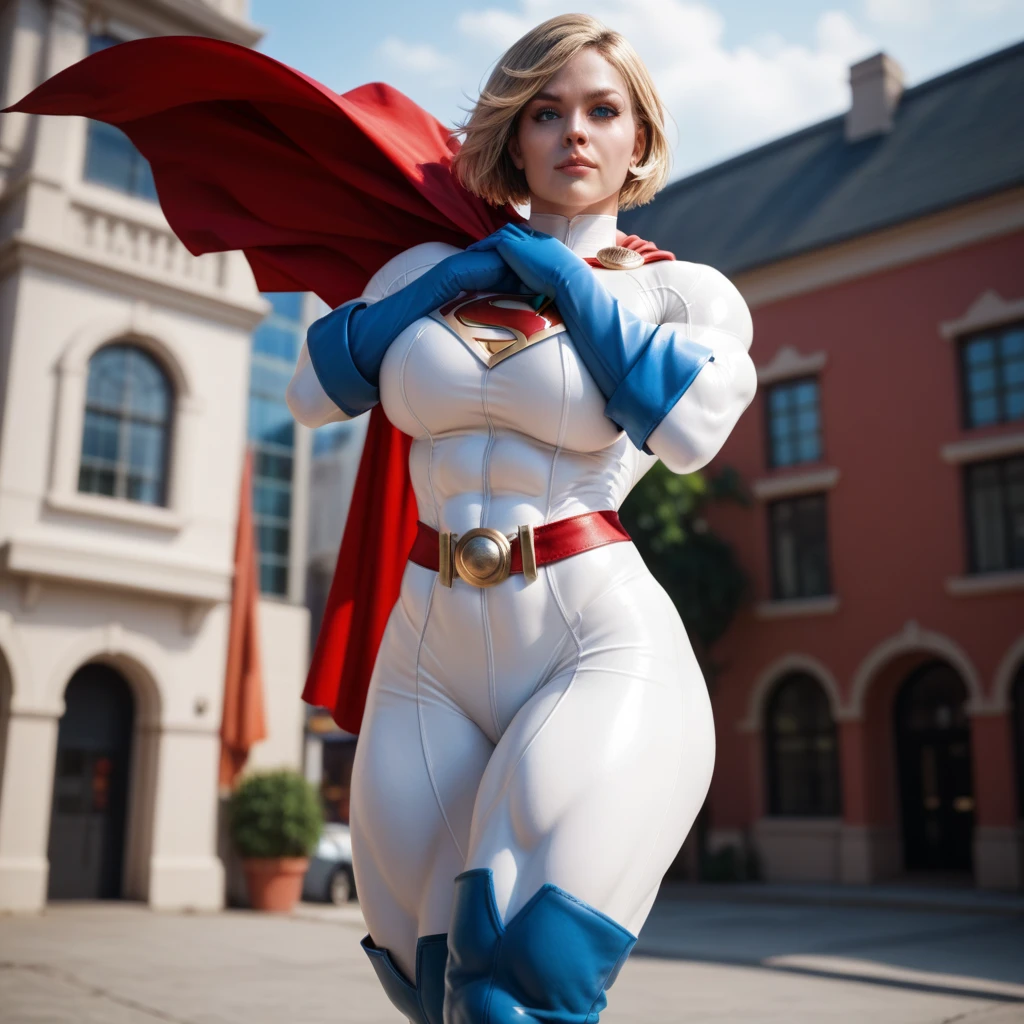 score_9, score_8_up, score_7_up, score_6_up, solo, 1girl, a full body shot of a beautiful woman, short blonde hair, wearing a powergirl superhero outfit, white long sleeve bodysuit, high boob window, long white sleeves, blue elbow gloves, red cape, blue and gold sash, blue knee boots, huge breasts,
Medium hips
Small thighs
muscular
muscular female
muscular arms
muscular thighs
extra muscular arms
abs, arms crossed across chest, hovering above a building, flying