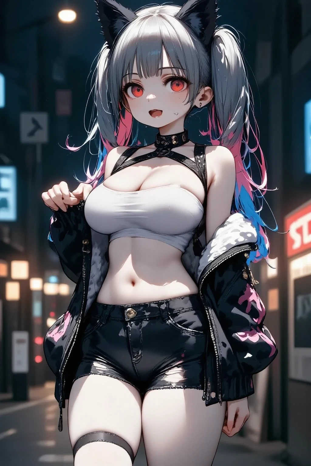 1girl\(cute,kawaii, charming, fascinating, bewitching, evil smile, big smirk, fang, black hair,naughty smile, long hair, twin tails hair, pale skin, white skin, red eyes, eyes shining, big eyes, big breast, perky breast, punk fashion, ripped clothes, tight tube top, tight hot pants, stomach shown, ripped black short jacket, fluffy black cat-ear, spiral eyes, bang, hands in pocket\), background\(outside, noisy city, backstreet, narrow street, neon lights, at midnight\),3d render, portraits, bust-up shot, from above, niji style, slight abdominal muscles,very close up of face,,zoom up girl, great focus, great bokeh,dynamic camera angle,punk rock fashion,chibi