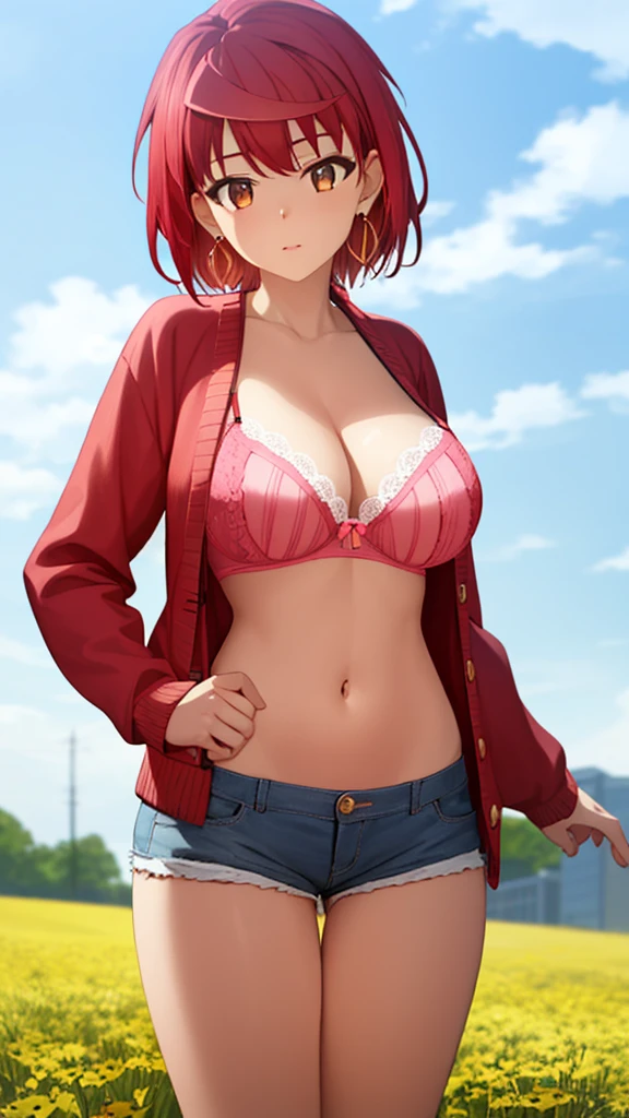 masterpiece, best quality, high quality, girl, solo, looking at viewer, enjou_retto, Red hair, Brown Eyes, large breasts, jewelry, earrings, pink bra, cardigan, short shorts, outdoors, field,