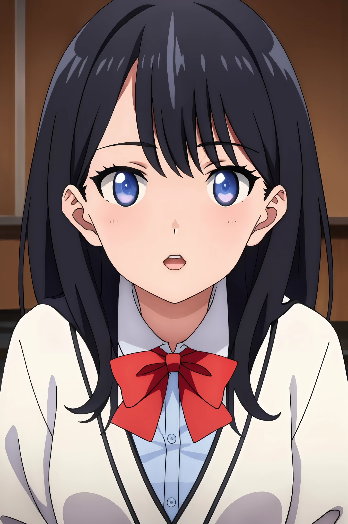 (( best quality)),(( very detailed)),masterpiece, looking for something in an absurd ,  detail face , Facial beauty,( detail eyes off the shoulder, Deep Eyes), 1 girl, rikka,  black hair , Alone,  blue eyes,  long hair, bow, red bow,  school uniform , bowtie, bangs, red bowtie,  shirt, collared  shirt, white  shirt,  cardigan,  portrait,  open her mouth , white  cardigan, (incoming kiss), (face focus:1.2), ( upper body), White sweater,  wing color , close-up, indoor, (Red cheeks:1.3)