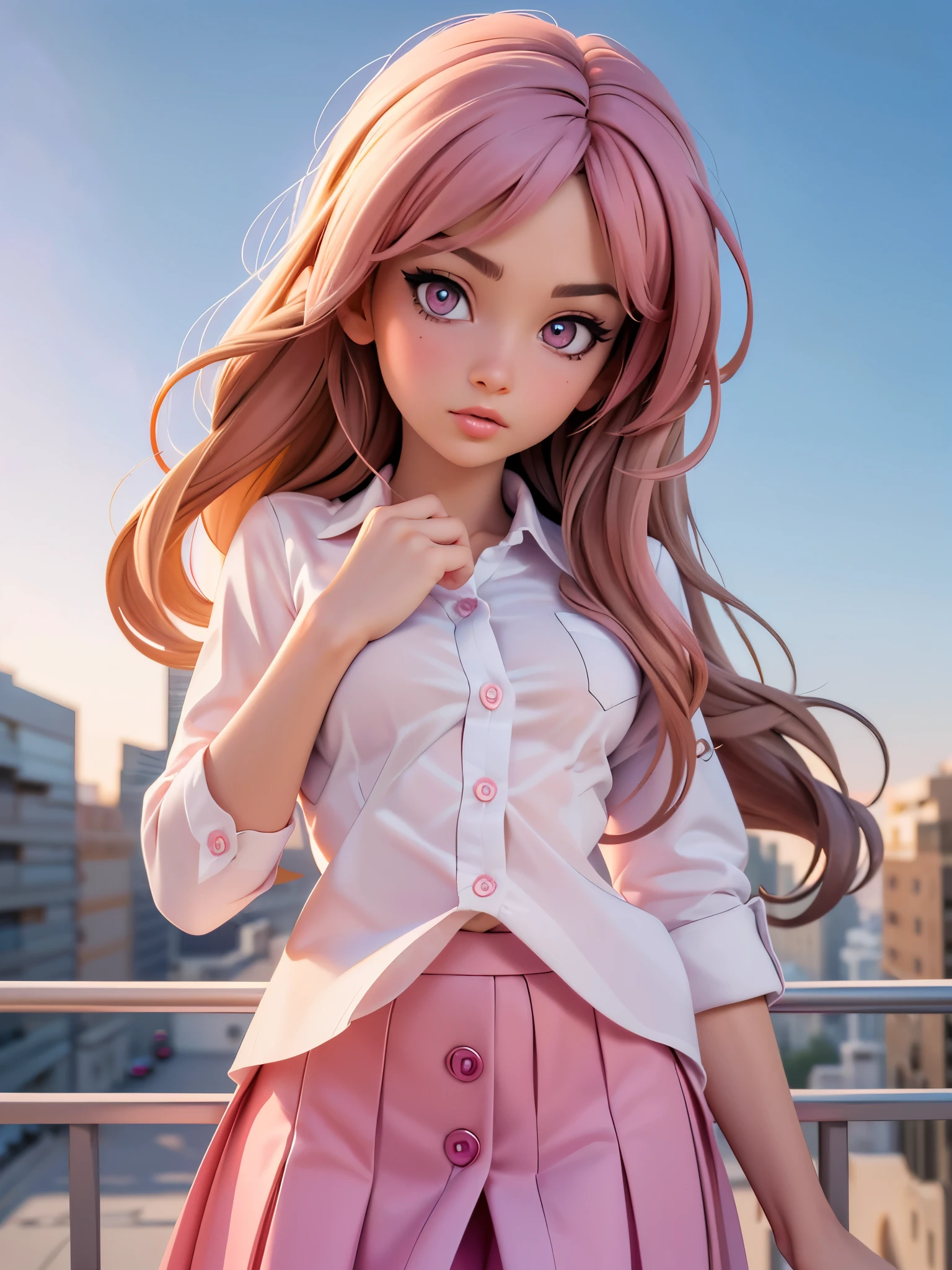 (detailed beautiful eyes and detailed face, masterpiece side light, masterpiece, best quality, detailed, high resolution illustration), (1 girl, beautiful girl, shiny skin, looking down, looking at viewer), ( Sky blue long hair, pink eyes, skirt, ribbon, button-down shirt) 45 degrees, top view,  sideways, (hand detail)