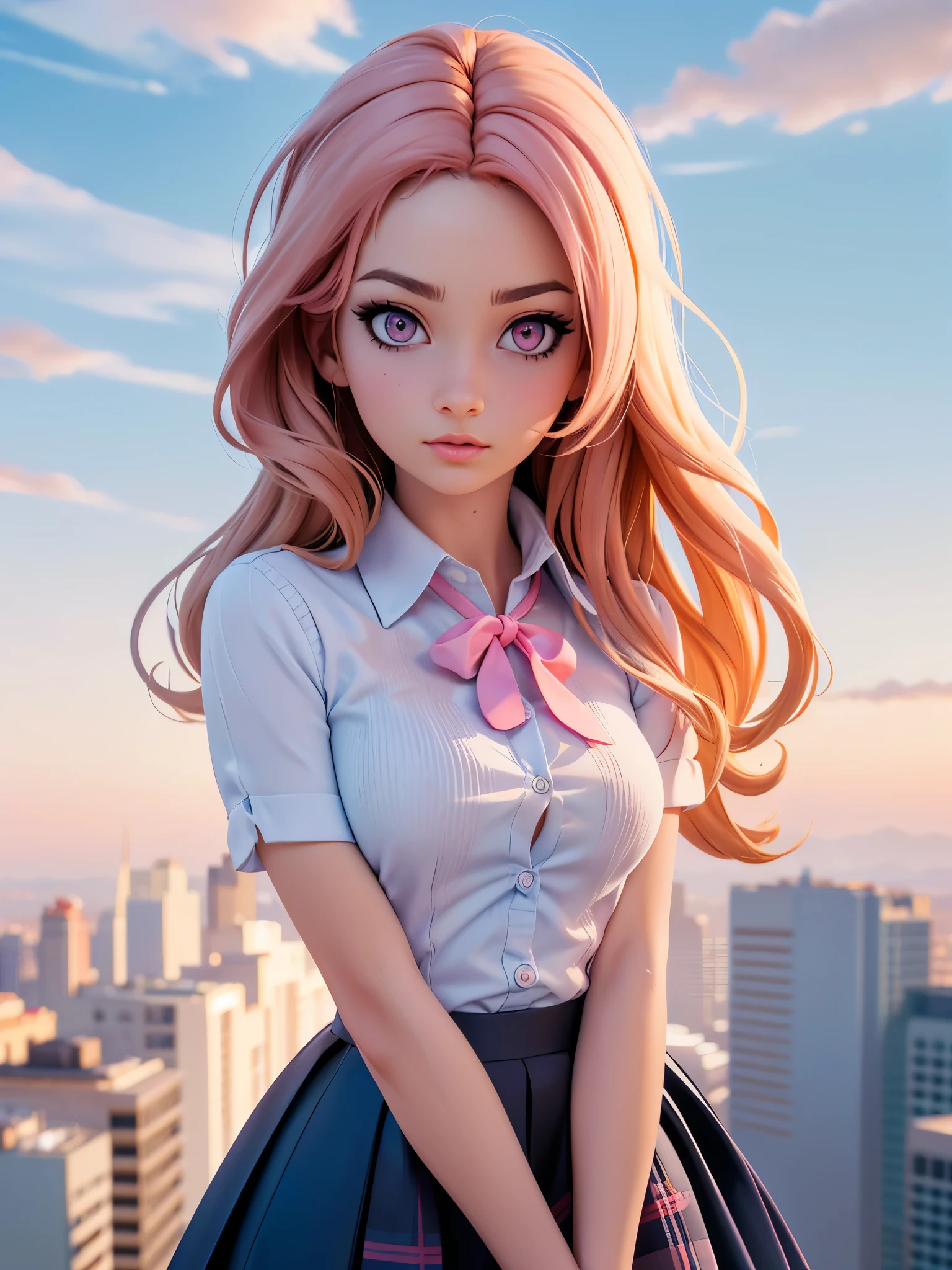 (detailed beautiful eyes and detailed face, masterpiece side light, masterpiece, best quality, detailed, high resolution illustration), (1 girl, beautiful girl, shiny skin, looking down, looking at viewer), ( Sky blue long hair, pink eyes, skirt, ribbon, button-down shirt) 45 degrees, top view,  sideways, (hand detail)