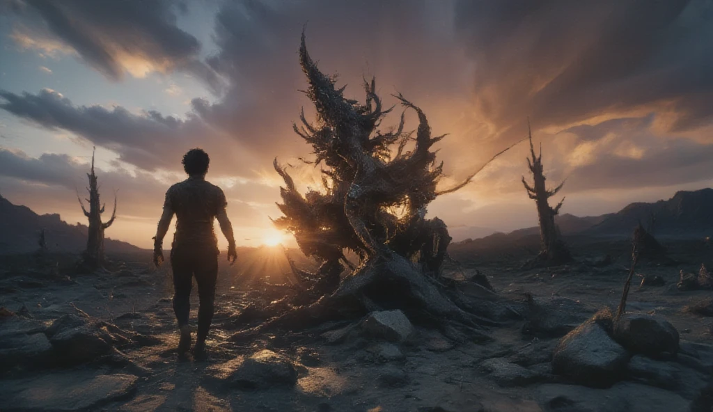 Set in a desolate, ashen wasteland at twilight, with the big sized Goddess Durga, protagonist walking alone. an Worm’s Eye View wide shot, highlighting the protagonist’s isolation in the vast landscape