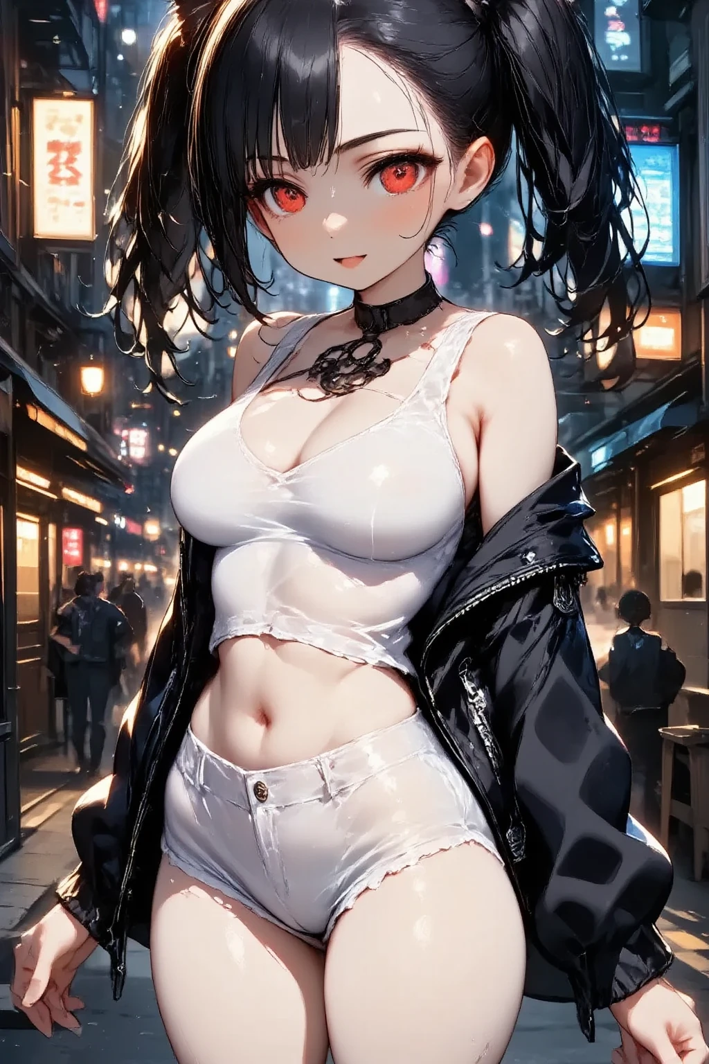 1girl\(cute,kawaii, charming, fascinating, bewitching, evil smile, big smirk, fang, black hair,naughty smile, long hair, twin tails hair, pale skin, white skin, red eyes, eyes shining, big eyes, big breast, perky breast, punk fashion, ripped clothes, white tight tube top, tight hot pants, stomach shown, ripped black short jacket, fluffy black cat-ear, spiral eyes, bang, hands in pocket\), background\(outside, noisy city, backstreet, narrow street, neon lights, at midnight\),3d render, portraits, bust-up shot, from above, niji style, slight abdominal muscles,very close up of face,,zoom up girl, great focus, great bokeh,dynamic camera angle,punk rock fashion,chibi