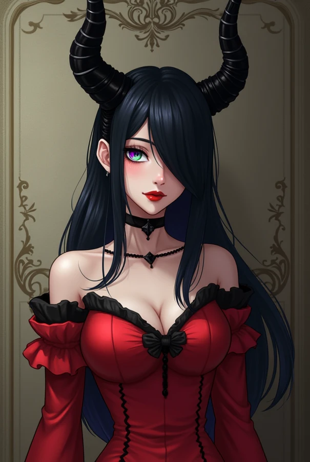 1girl, schwarze Haare, rote augen, schwarze bluse mit dekollete, tattooed neck, Blick auf den Betrachter, Meisterwerk, ultrascharf, two black devil horns on his head, High Resolution, 8 TAUSEND