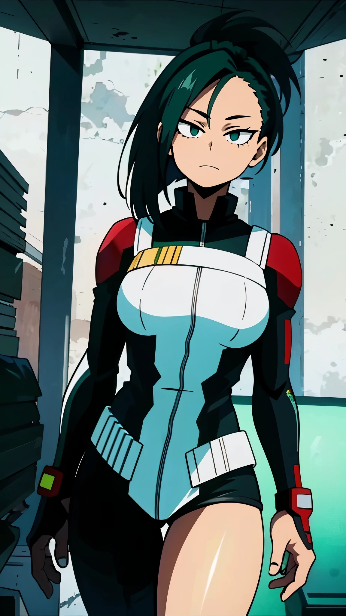  My hero academia anime art style, girl,  half black and half white long hair, green eyes, cyberpunk, black and green suit, hacker, prosthetic left arm, robotic left arm, half black hair. half white hair, smirk