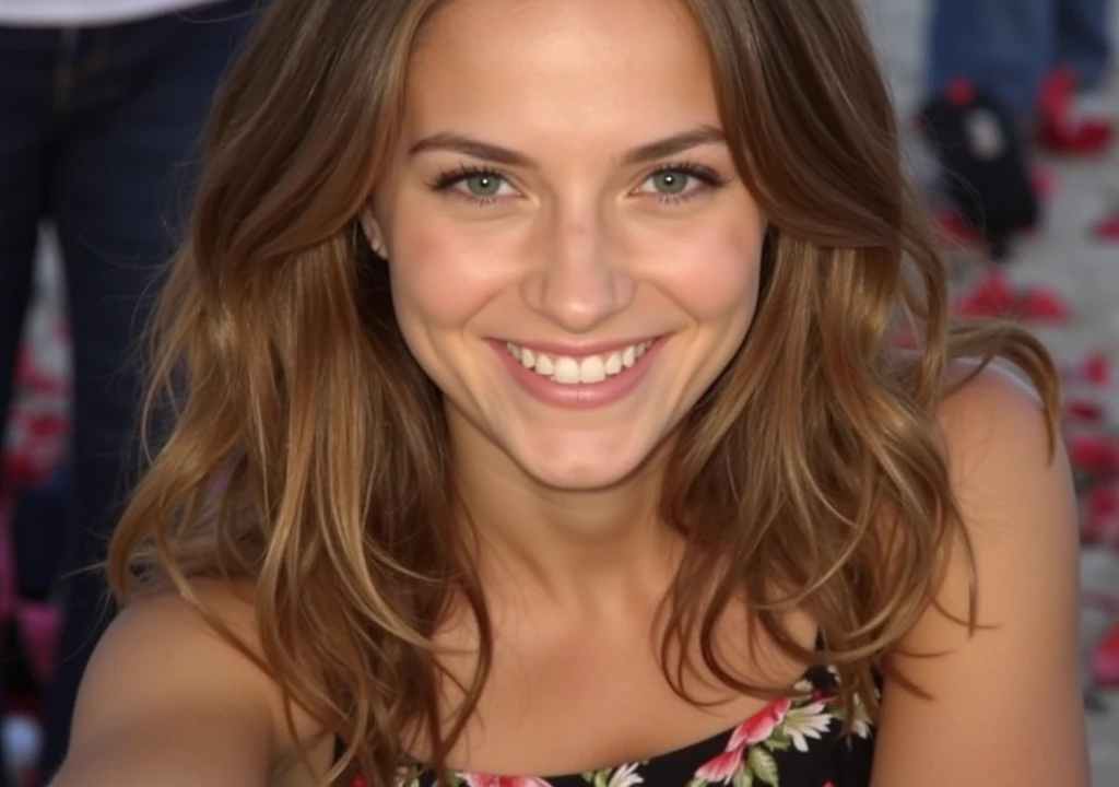 barbsynthxl, standing in the park, wearing a cotton dress, smiling