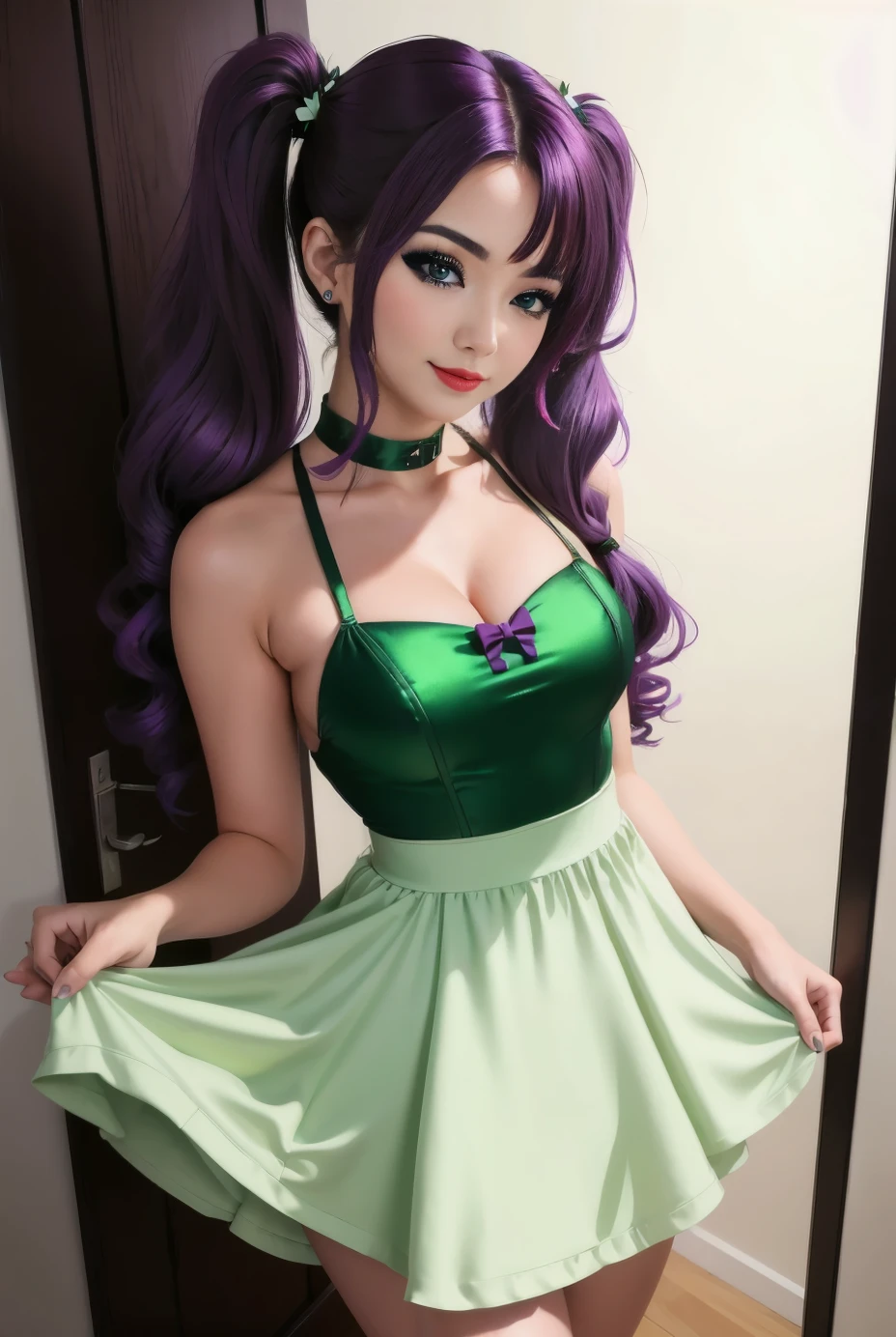 (masterpiece), (ultra high resolution), (extremely complex), (extraordinarily detailed), 1girl, (beautiful and beautiful Arab woman), (F1.4, 1/800s, ISO 100, photorealistic), looking at breasts and from above, Evil queen, home wrecker, blue hair, crossed legs, huge breasts, laughter512, makeup with pink eyeshadow, purple lips, green wedding dress, thigh-high socks, (aroused_face: 1.4)