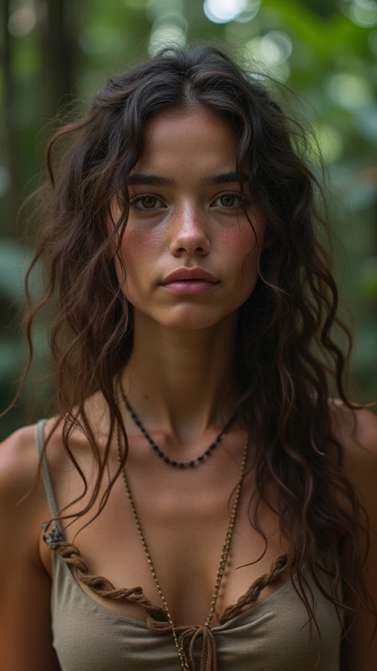 create a super high resolution 3d close up image of a woman with oil rosemary oil in her butiful long hair with a crazy face but very sexy at he same time in a forest