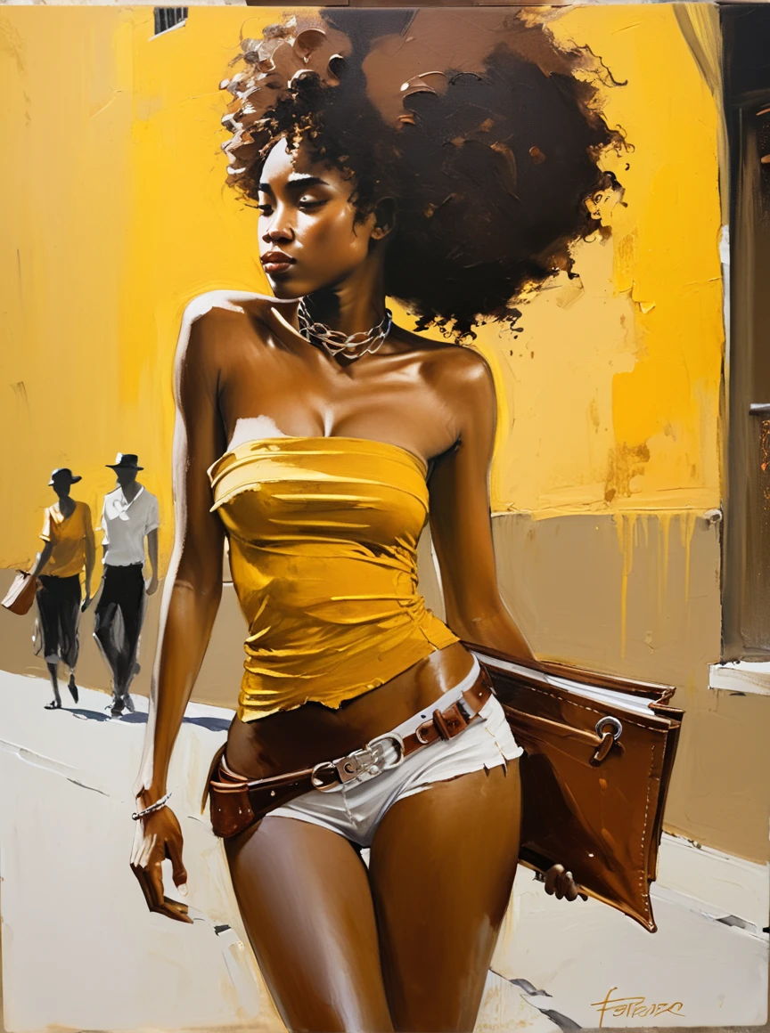 Very authentic painting by (Fabian Perez:1.3) , (Henry Asencio:1.2), (Alessandro Barbucci:1.1)  , [A young Black woman with a large afro stands confidently outdoors, wearing a mustard yellow tube top, (visible female genital hair:1.3) and a silver chain belt. She carries a brown tote bag. A retro-style sign is prominently featured in the background.  [The lighting is bright and sunny, creating a warm and inviting atmosphere. . on dark background, light leaks, The painting is done with loose brushstrokes and vibrant rich imperial colors. The overall mood of the painting is provocative, sensual and intimate, confident posture