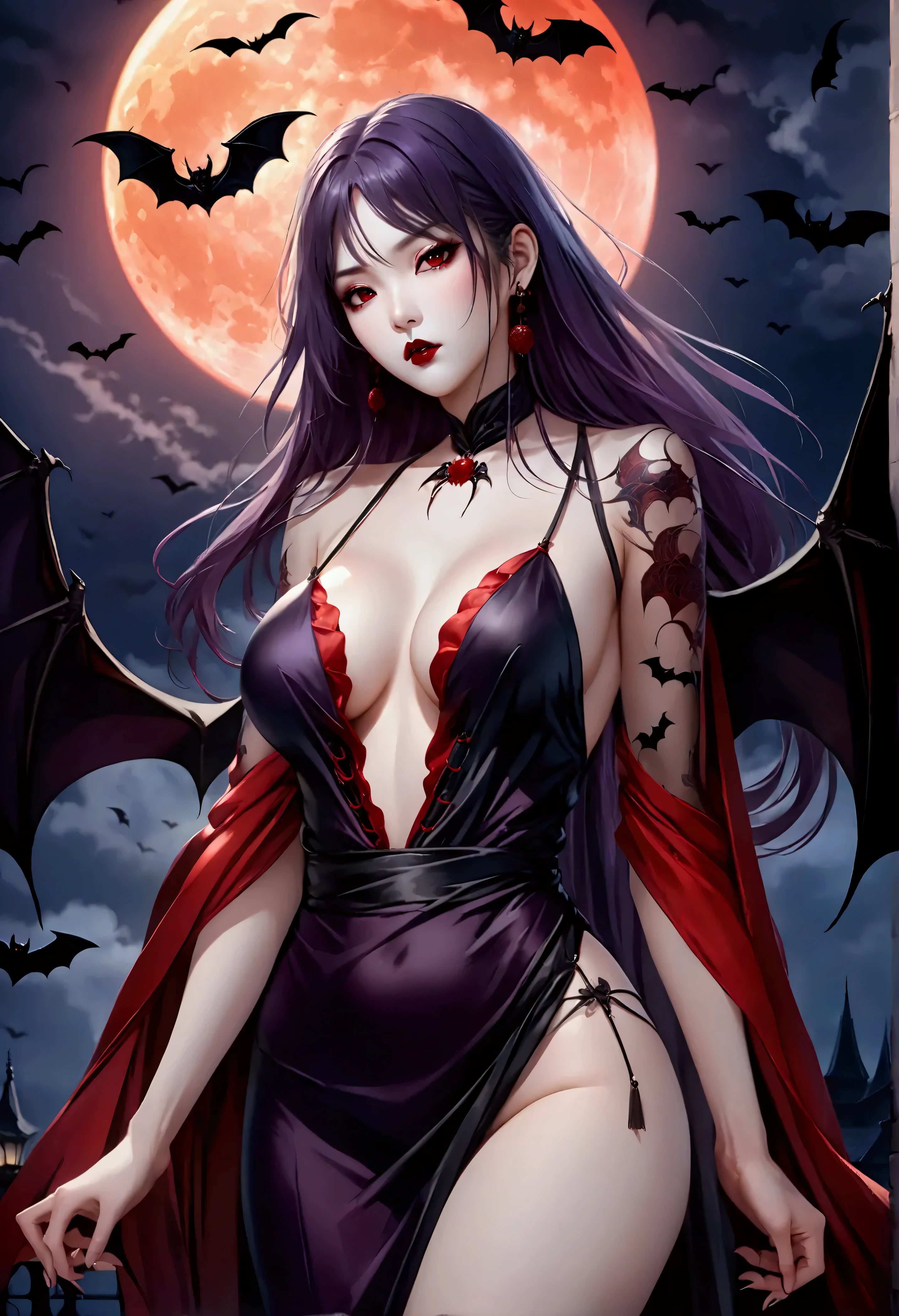 Asian vampire , detailed skin , white, loose kimono and gothic clothing , purple silk hair , Too long, aggressive look. red full moon, red moonlight, bats. (( masterpiece , top quality, High resolution , Highly detailed 8K CG unified wallpaper))