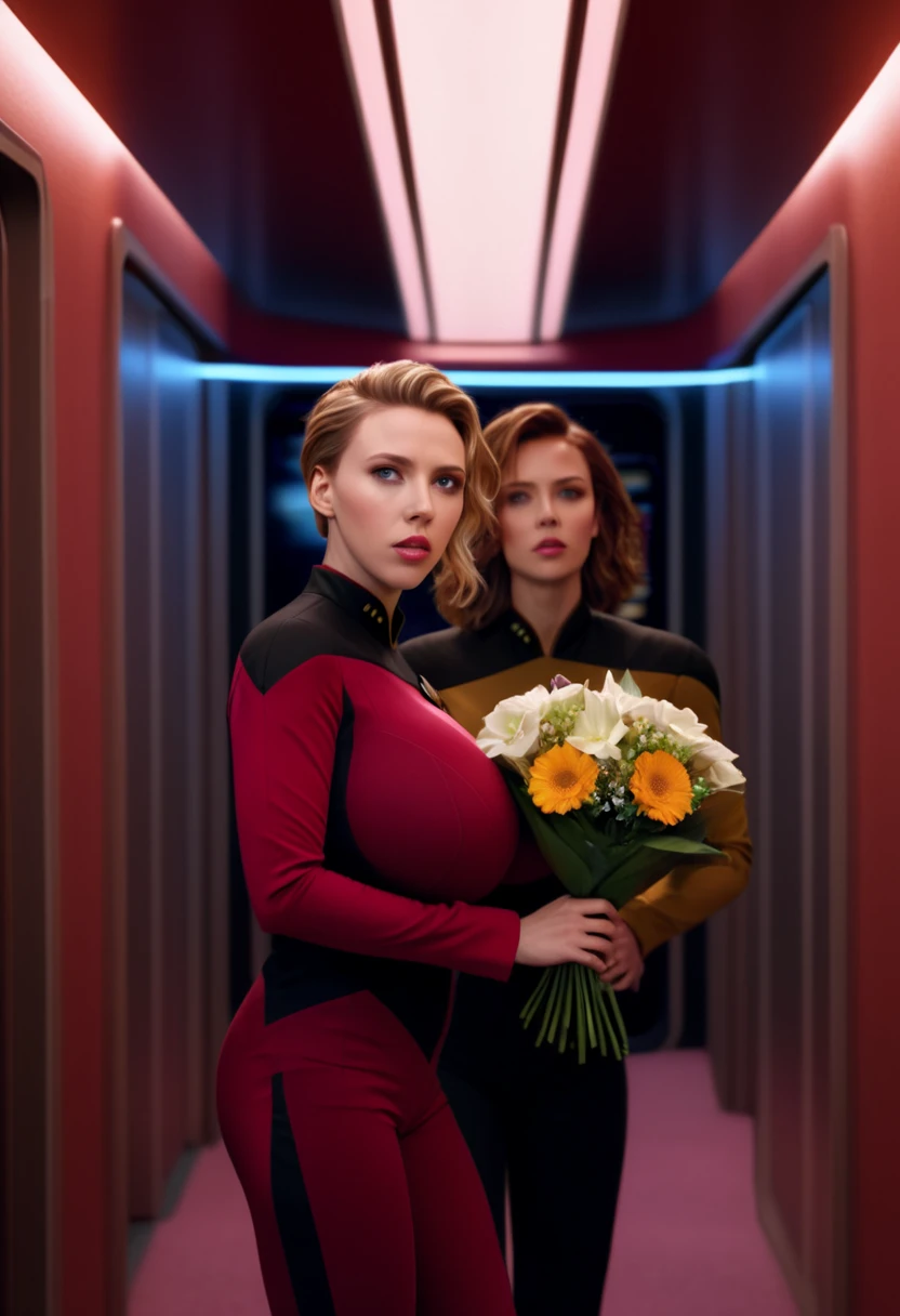 
A beautiful Scarlett Johansson with gigantic breasts in a red Starfleet uniform, holding a bouquet to a Beautiful woman, standing in the hallway of the enterprise, photorealistic 8k, highly detailed, masterpiece, cinematic lighting, hyper-detailed, dramatic composition, vibrant colors, star trek the next generation, lesbian