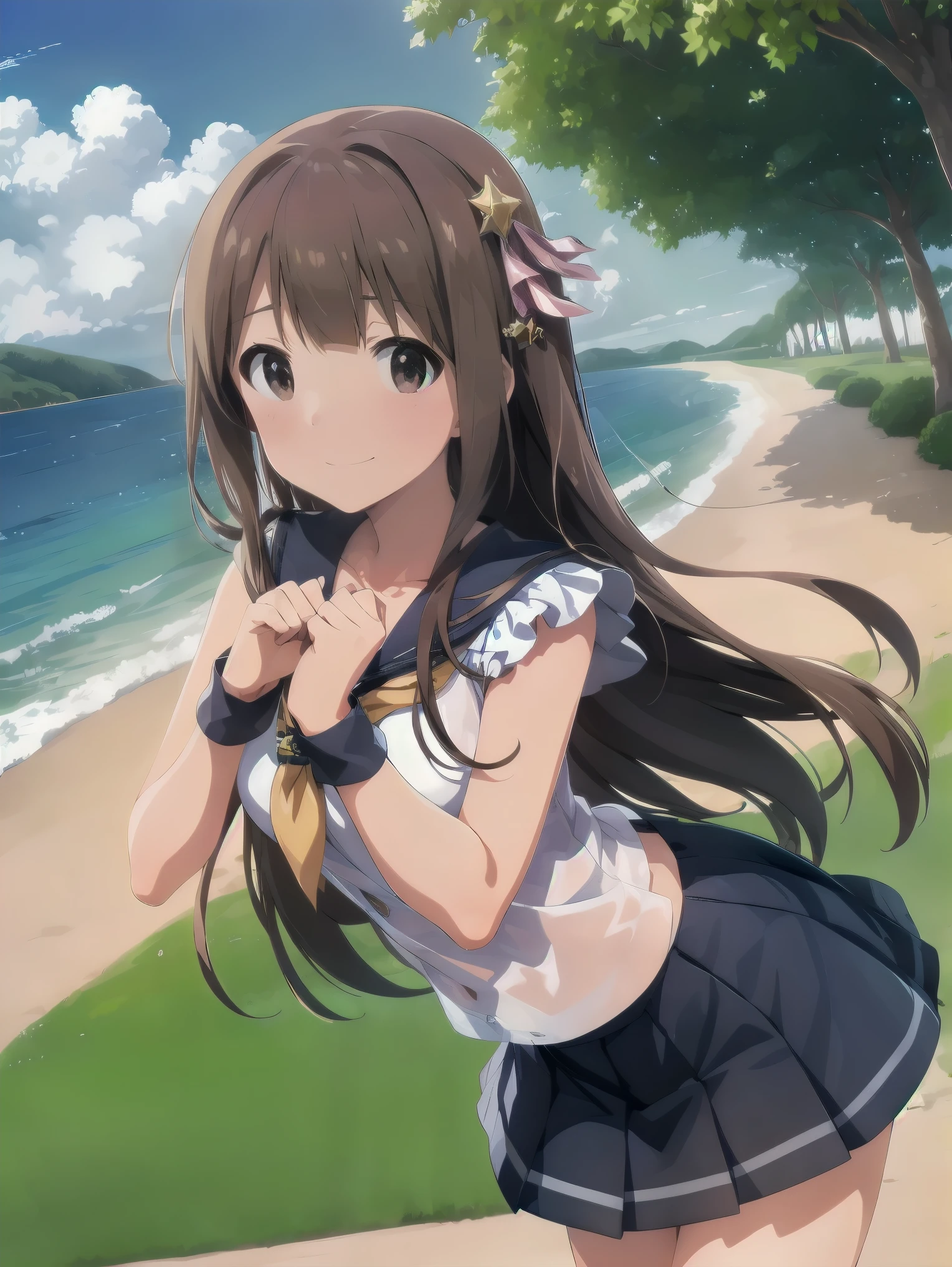 Tanaka Kotoha, ( best quality, 8k, masterpiece,  super detailed:1.2),  dynamic pose,  cinematic angle , Particles of light, Sparkle,  beautiful detailed eyes from outside the train, shiny skin,  shiny hair,
sea, day, まだらday差し,  blue sky, Beautiful Clouds,  beach ,
 mermaid,  mermaid tail below waistline,  1 girl, Alone,  skirt, smile, cute,  happy ,  open her mouth ,  sailor color , Seraph, clavicle,  hair flower,  watching viewers , (cowboy shot)