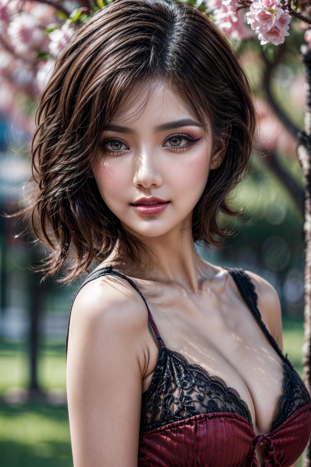(ultra high resolution), (photorealism 16K realism Quality), (ultra-fine digital art), (Hyper-realistic proportional body, anatomically correct:1.2), (super detailed beautiful face), (light pale complexion), BREAK, ((small round head)), (ultra detailed beautiful slim and sharp-face), (best highest detailed realistic brown_eyes:1.2), ((Insanely realistic sharp-eyes)), (droopy eyes:1.3), Thin eyebrows, Carefully draw eyelashes, Eyelash extensions, (tired and sleepy and satisfied:0.0), perfect round eyes, finely detailed pupils,BREAK, detailed lips:1.3, pink_makeup:1.14, glossy red_lipstick:1.2 ,perfect light_eyeshadows:1.25, (Detailed nose:1.2), ((Clad in a retro polka-dot dress with a cinched waist and pearl accessories, complemented by a classic updo:1.22)), (Amidst a quaint town square, with cobblestone streets lined with charming boutiques and antique shops, where time seems to stand still:1.2), (seductive:1.22),