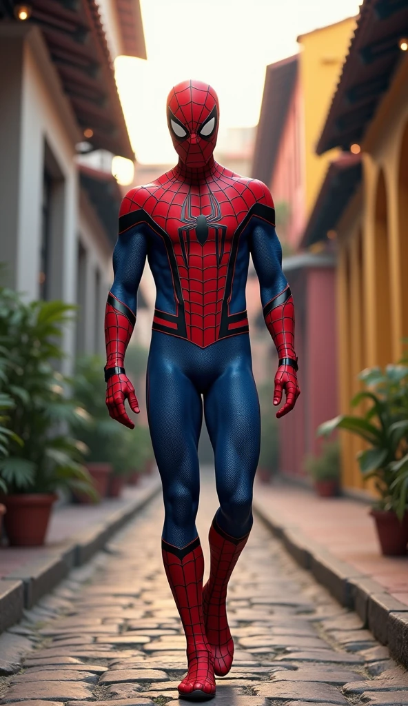 A twenty year old handsome hispanic. with short brown hair cosplaying a red and black spiderman suit. Well toned body and sharp jawline