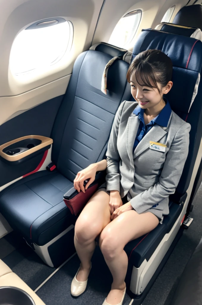 Female cabin attendant pees by putting her foot on the armrest of the passenger seat、Underpants and floor get wet due to large amounts of pee 、ANA uniforms、Beauty、 Japanese woman with a viewing angle of、Perfect figure、Women blush because they are so embarrassed、From below