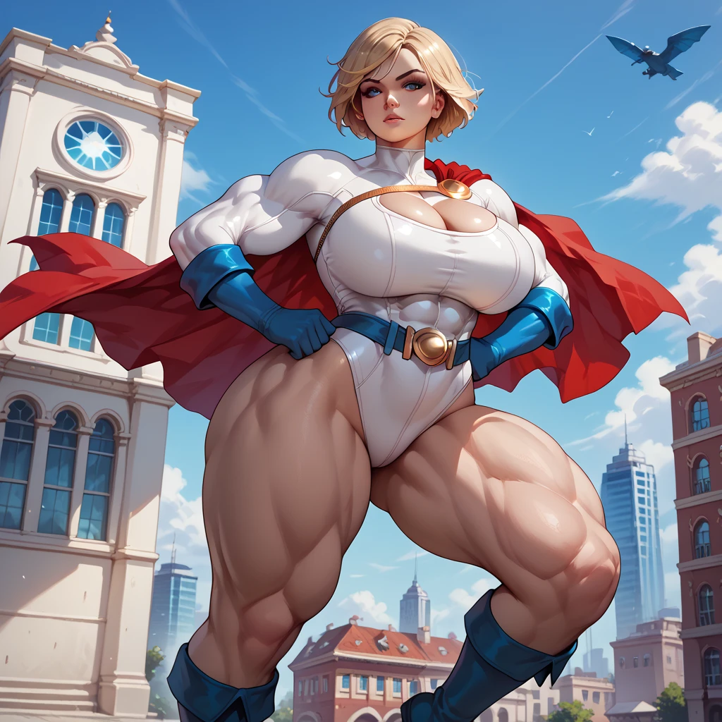 score_9, score_8_up, score_7_up, score_6_up, solo, 1girl, a full body shot of a beautiful woman, short blonde hair, wearing a powergirl superhero outfit, white long sleeve bodysuit, high boob window, long white sleeves, blue elbow gloves, red cape, blue and gold sash, blue knee boots, huge breasts,
Medium hips
Small thighs
muscular
muscular female
muscular arms
muscular thighs
extra muscular arms
abs, arms crossed across chest, hovering above a building, flying