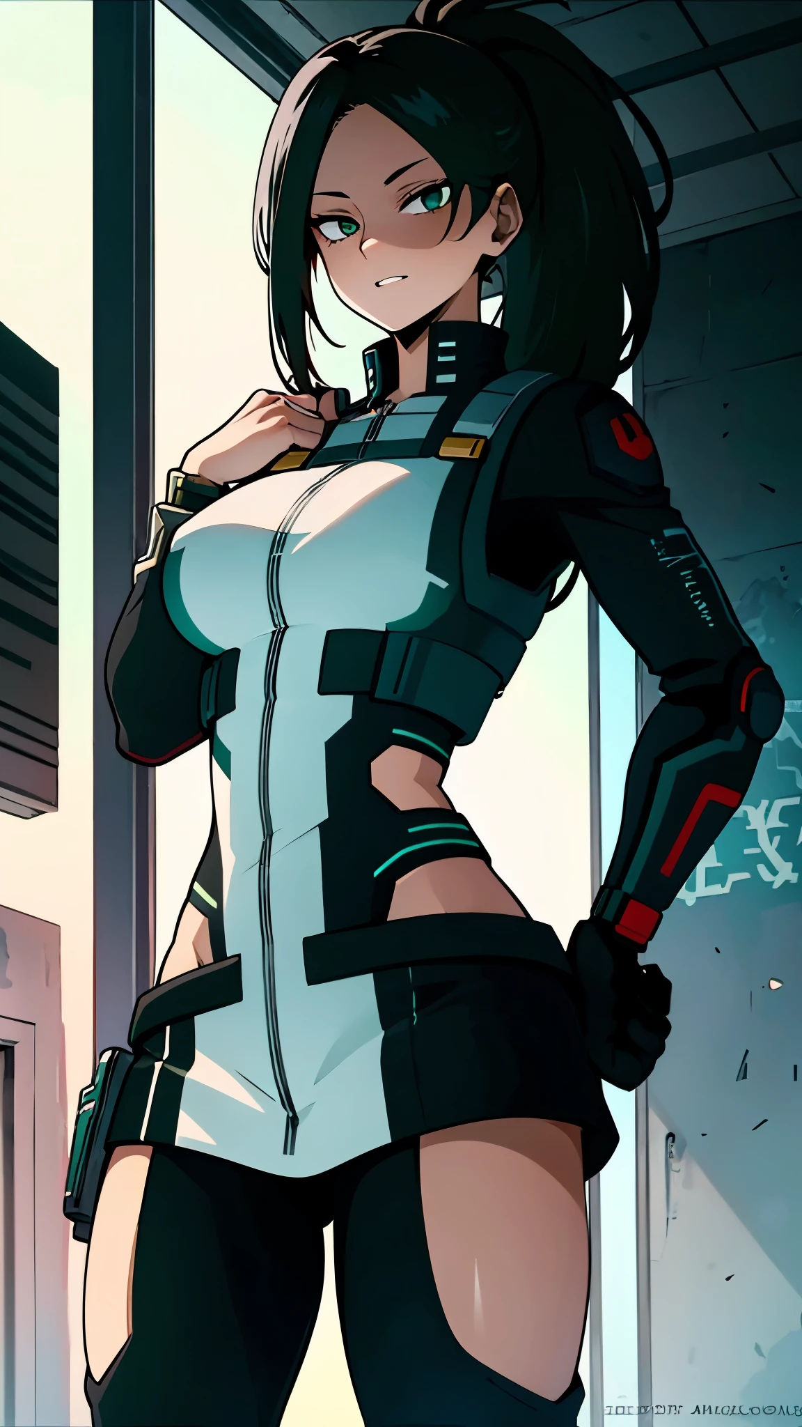  My hero academia anime art style, girl,  half black and half white long hair, green eyes, cyberpunk, black and green suit, hacker, prosthetic left arm, robotic left arm, half black hair. half white hair, smirk, long hair