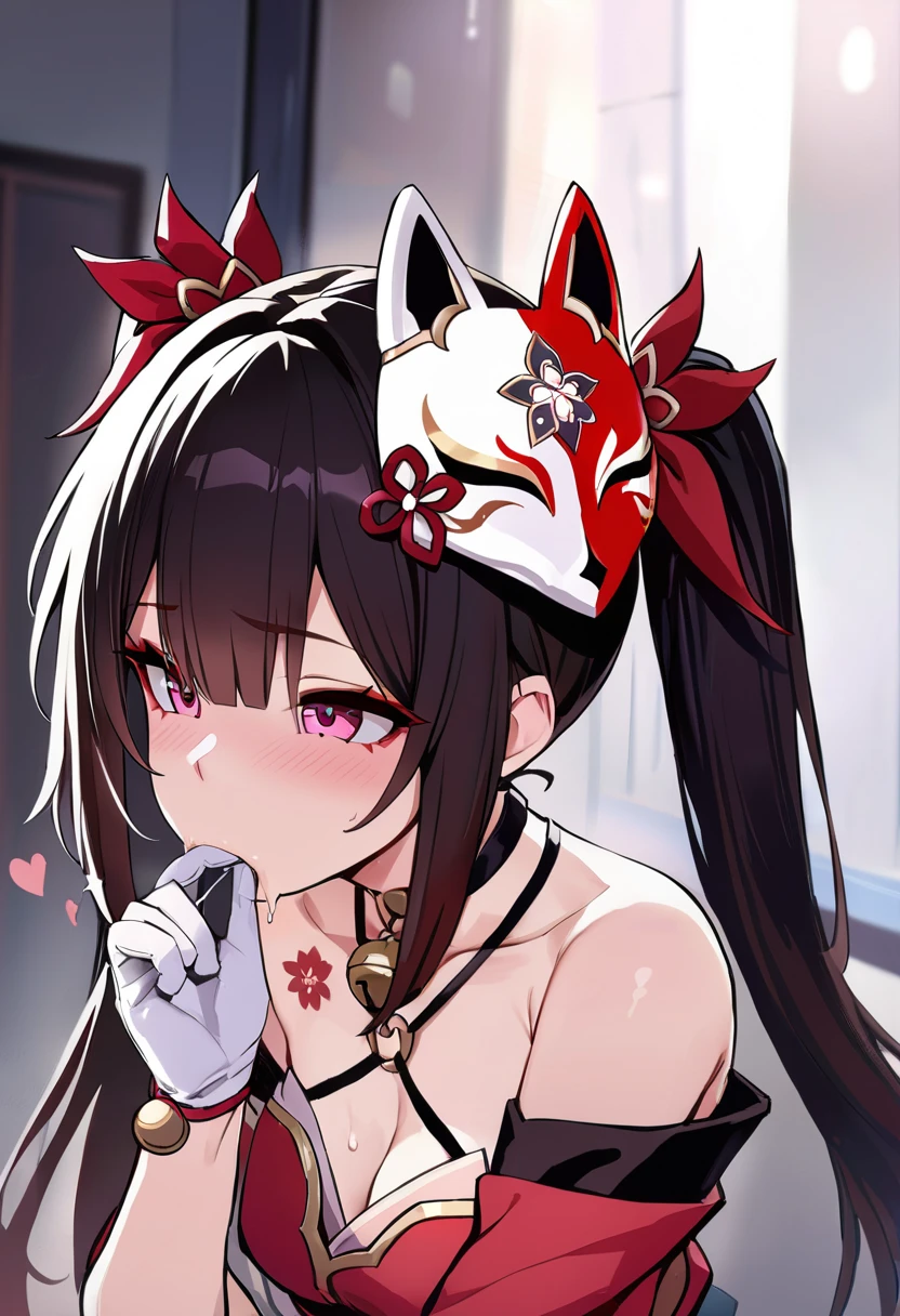   Masterpiece ,  best quality, Illustration,  high definition ,  ultra detail,  1 girl, Sparkle \(Collapse:  Star Rail \),  twin tails,  hair ornament, Alone,  off-shoulder kimono ,  putting mask on head , Sleeveless,  choker, heart, single glove,  wristband around the neck,  Chris Cross Halter,  seam, fellatio