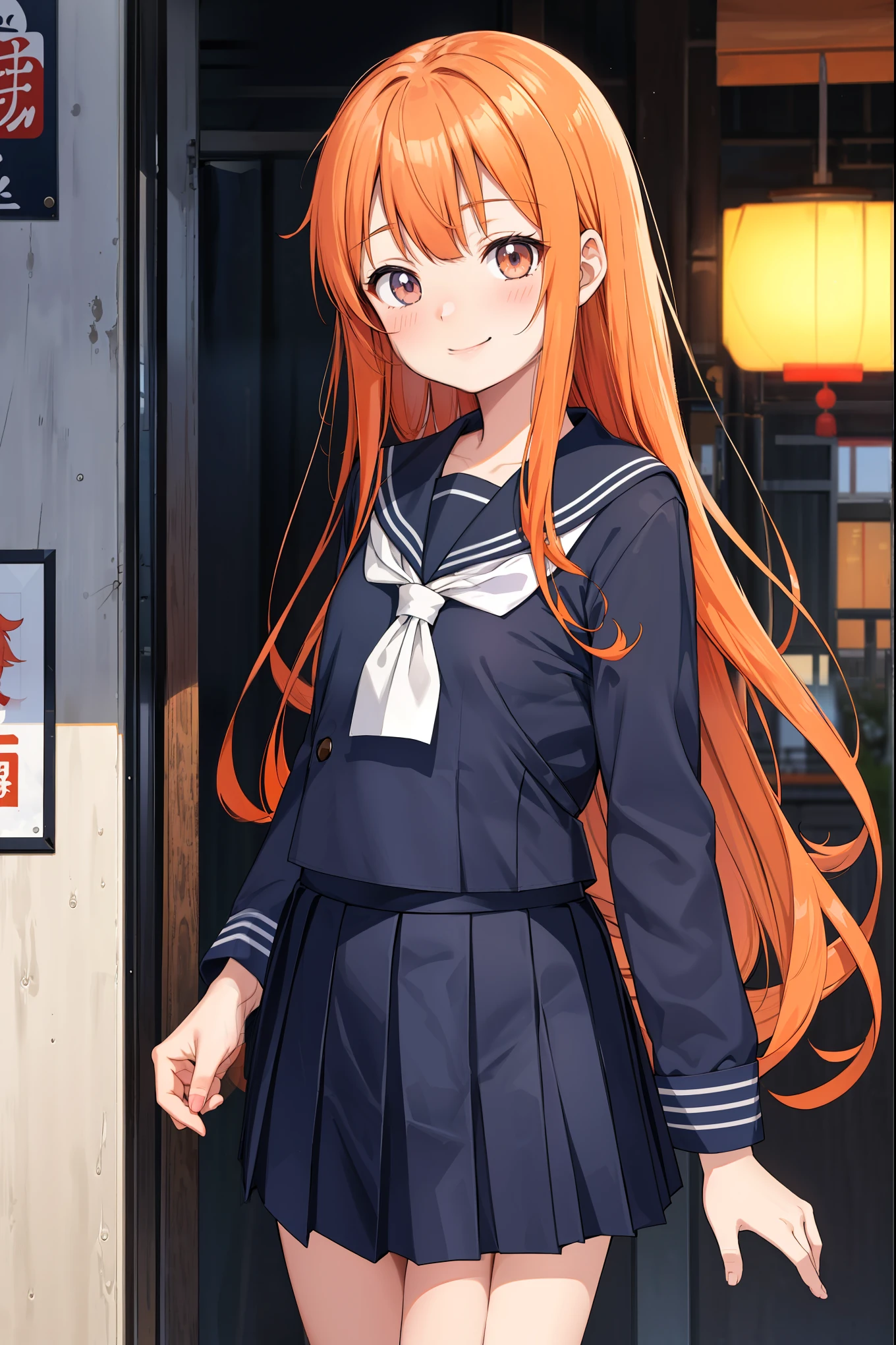 at Japan city, afternoon, 1girl, height 150cm, Junior-highschool student, orange hair, long hair, bangs, (gray color eyes, slant eyes), tsurime, smiling face, flat chest, (long sleeve sailor suit, navy color seilor suit), (navy color skirt, long pleated skirt)