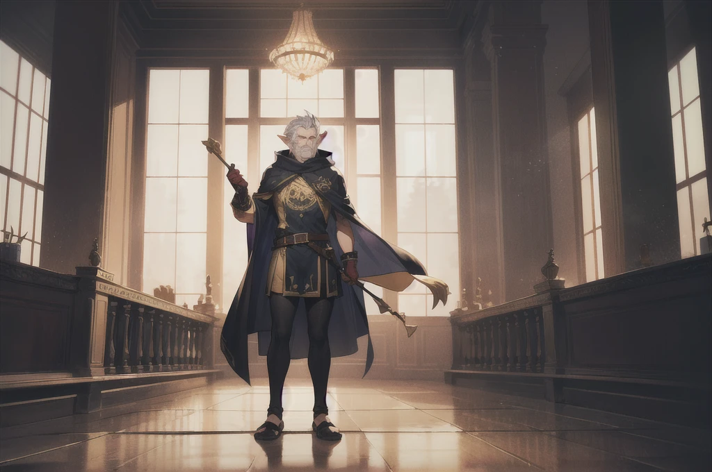 ((full body)), 1boy, (old man:1.2), pointy ears, long white beard, white short hair, messy hair, gold eyes, perfect eyes, (glowing eyes:1.1), serious face, perfect hands, large tunic with gold embroidery, a hood on the head, gold bracer, leather belt, leather sandals, holding a magical wooden staff, scenery, in a temple hall with stone columns and granite slab floor, gold dragon statue at the back, some candles on the side, transmission light, (masterpiece:1.2), (best quality:1.2), (very aesthetic:1.2), (absurdres:1.2), (detailed background), newest, AI-generated, ((best quality)), (soft tone:1.1) ), ,AddXL,EyesHD