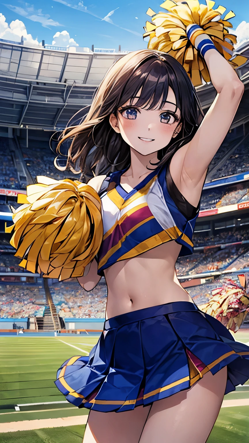very cute and beautiful cheerleader girl,(highly detailed beautiful face),holding pom poms,(smile:1.3),happy,
(stadium stands),cowboy shot,dynamic pose,(from below),(sleeveless orange cheerleader shirt),beautiful legs,white underwear,
looking at viewer,black hair,ribbon,
(best quality,masterpiece),absurdres,highres,ultra-detailed,extremely detailed,32k,8k resolution,
intricate details,cinematic scene,detailed background,solo,dynamic angle, hair fluttering in the wind,beautiful detailed sky,