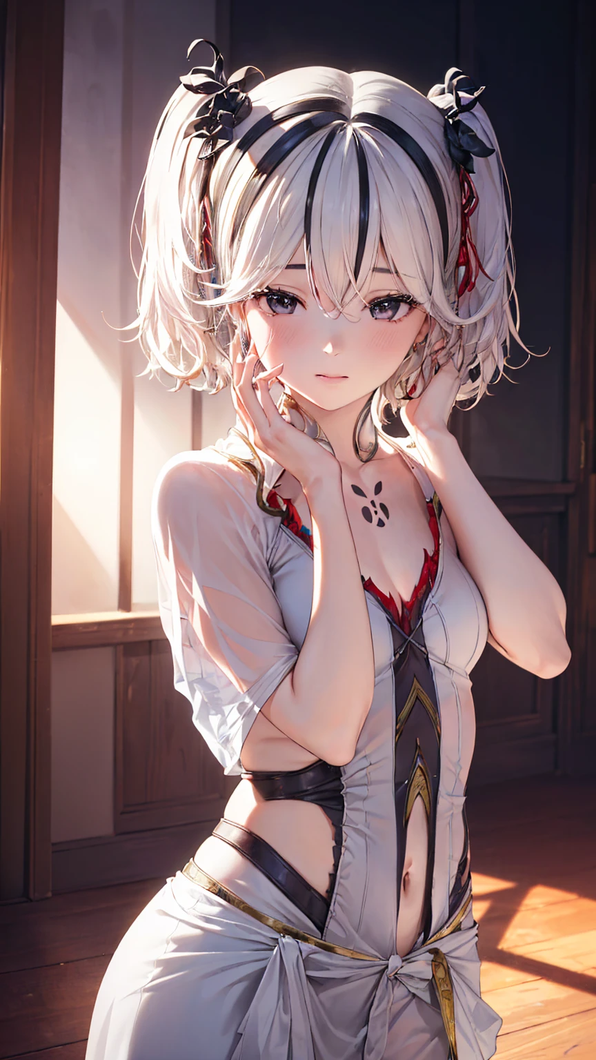 (masterpiece:1.2, highest quality), (realistic, photorealistic:1.4), beautiful illustrations, (natural side lighting, movie lighting), (Front view), 1 girl, alone, looking at the viewer, (hand on own face), perfect face, naughty face, Stand, black eyes, twintails, hair flower,hair ornament,white hair,streaked hair,