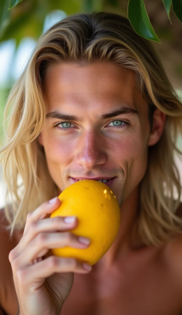 blond geogian man, short hair, close-up, eating fruit, wearing