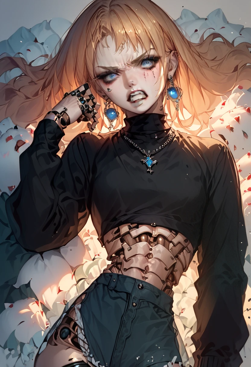 Anime female Android, petite body, cute yet menacing and arrogant, angry shouting face, sexy, black sweater, body joints, long straight hair, angelic