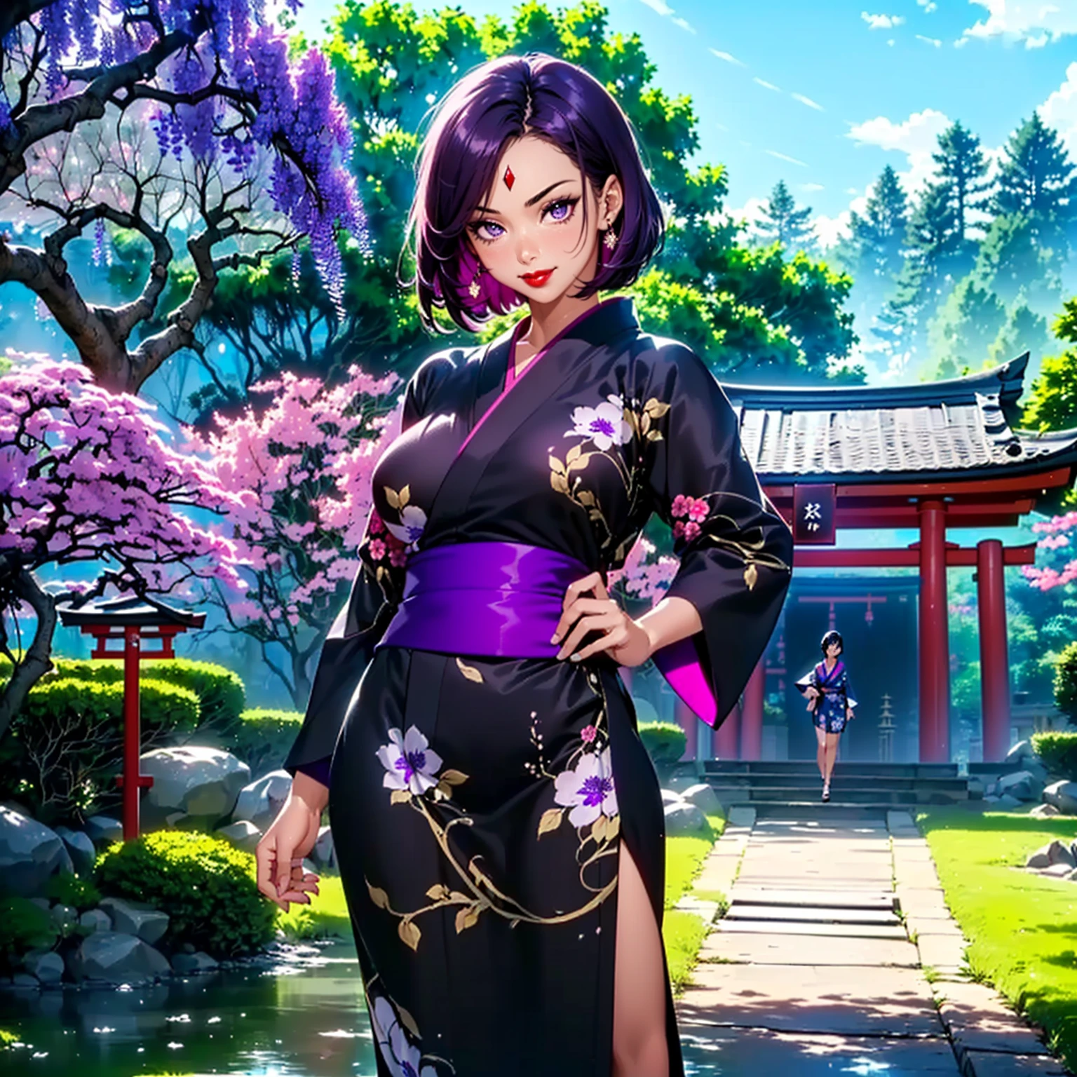 ((Masterpiece, 1girl, solo, alone ((ravdc, RavenTT, short hair, dark purple hair, dark purple eyes, forehead jewel)), Smug)), ((pink lipstick, Extremely detailed, ambient soft lighting, 4k, perfect eyes, a perfect face, perfect lighting, a 1girl)), ((fitness,, shapely body, athletic body, toned body)), ((fitness,, shapely body, athletic body, toned body)), ((kimono, Yukata, Japanese garden, Japanese temple, forest, torii, trees, city in the background, red lipstick, clouds, smug smile, printed kimono, jacaranda trees, flowes, neckline, cleavage, flowers))