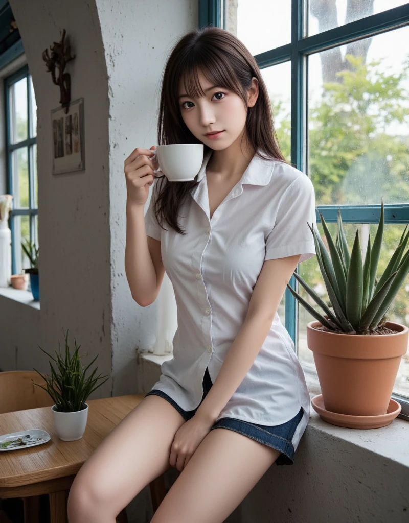 ((Old Nordic cafe))、(masterpiece), ((Horizontal droopy eyes)), ((Beautiful thighs)), (( beautiful hip line)), ((Beautiful belly button)), 超 high definition , ((Camouflage bra)), ((There is an agave citanota on the table)), cute、 smaller breasts、Age 25、1people、 very beautiful Japanese idol 、Genuine、 high definition ,  soft light, Beautiful and sophisticated nose,  beautiful eyes,  movie lighting, ( simple bright color background:1.3)、細身の体、 smaller breasts、Lots of houseplants、Early morning sunlight filtering through the trees、 DRINK COFFEE 、masterpiece、 best quality、超 high definition 、１people、日本people女性、美しい日本people女性、 super detailed face,、 enchanting smile with your back against the wall、 cute、 white skin、 beautiful fair skin 、 Teal Eyelids、Beautiful symmetrical face、Small face、Beautiful black hair、 Beautiful small breasts、Genuineのpeople間の皮膚、 full body photo、詳細かつリアルなpeople体、Detailed and realistic skin、 Soaking in Hot Springs to the Waist 、 detailed and realistic eyes、Detailed and realistic lips、Detailed and realistic teeth、Detailed and realistic ears、Detailed and realistic hair、 beautiful hands、 realistic feet in every detail、Realistic breasts down to the last detail、 realistic female genitals down to the details 、 detailed realistic legs 、Detailed and realistic clitoris、detailed realistic anus、Scandinavian-style cafe、Scandinavian interior、Wooden table, Concrete wall、Vintage furniture、Vintage feel, ((Long bob hair with black center part )), ((Exposing the female genitals)), (( Realistic female genitalia )), ((Thick pubic hair with realistic detail)), ((Thick pubic hair)), ((Realistic clitoris)), ((Realistic anus down to the last detail)), ((M-shaped feet)), (( spread your legs)), ((Excessive pubic hair)),